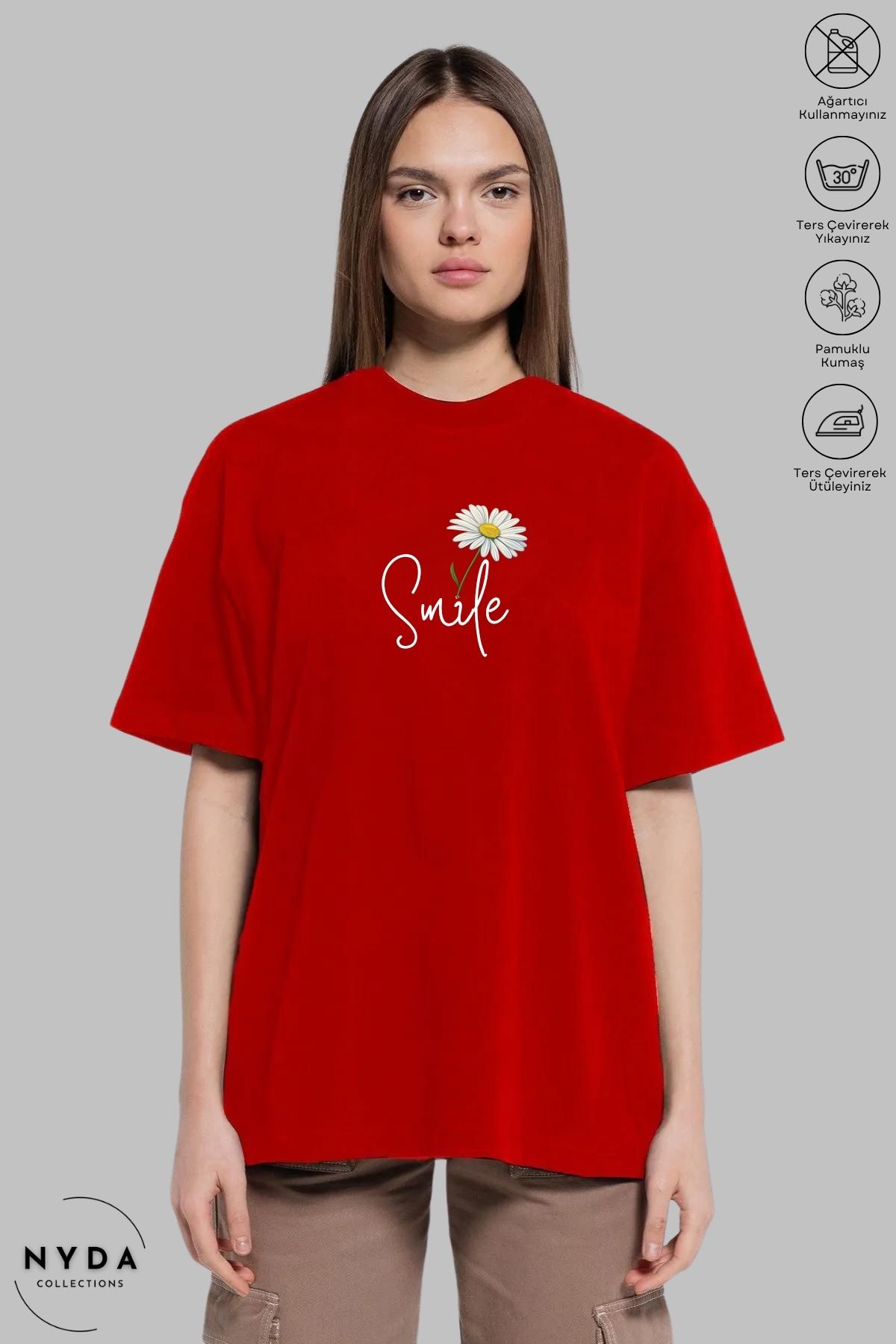 Nyda Collections Kadın Bisiklet Yaka Papatya Smile Baskılı Pamuk Oversize Kısa Kollu Tişört