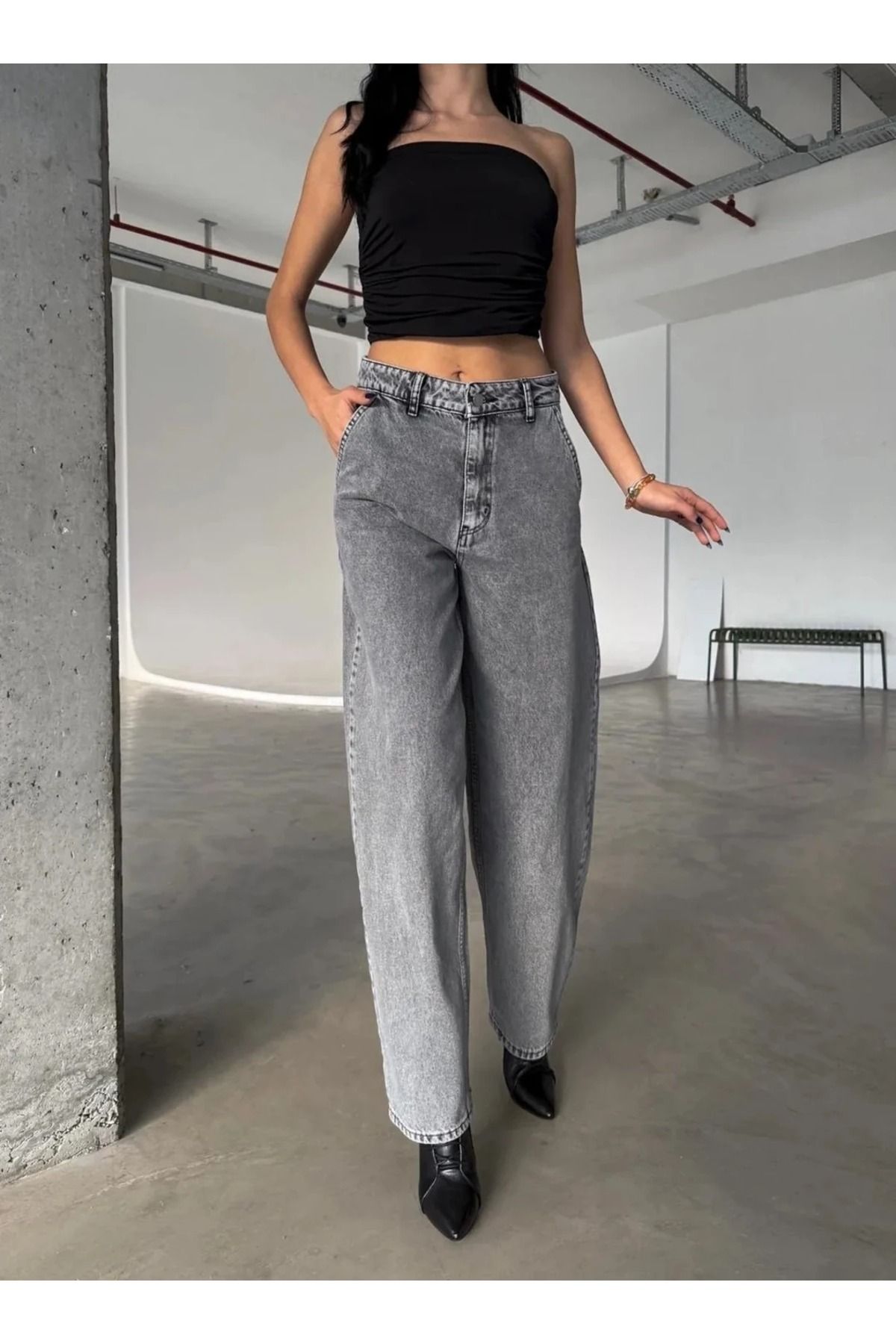 Yağmur Geniş Dökümlü Paça Baggy Kot Pantolon - Gri