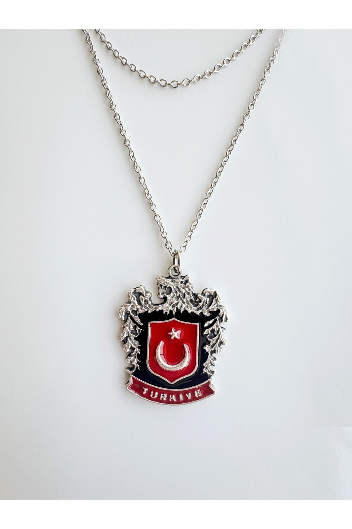 Darkia Türk Bozkurt Kurt Türk Bayrağı Unisex Zincirli Hediyelik Kolye