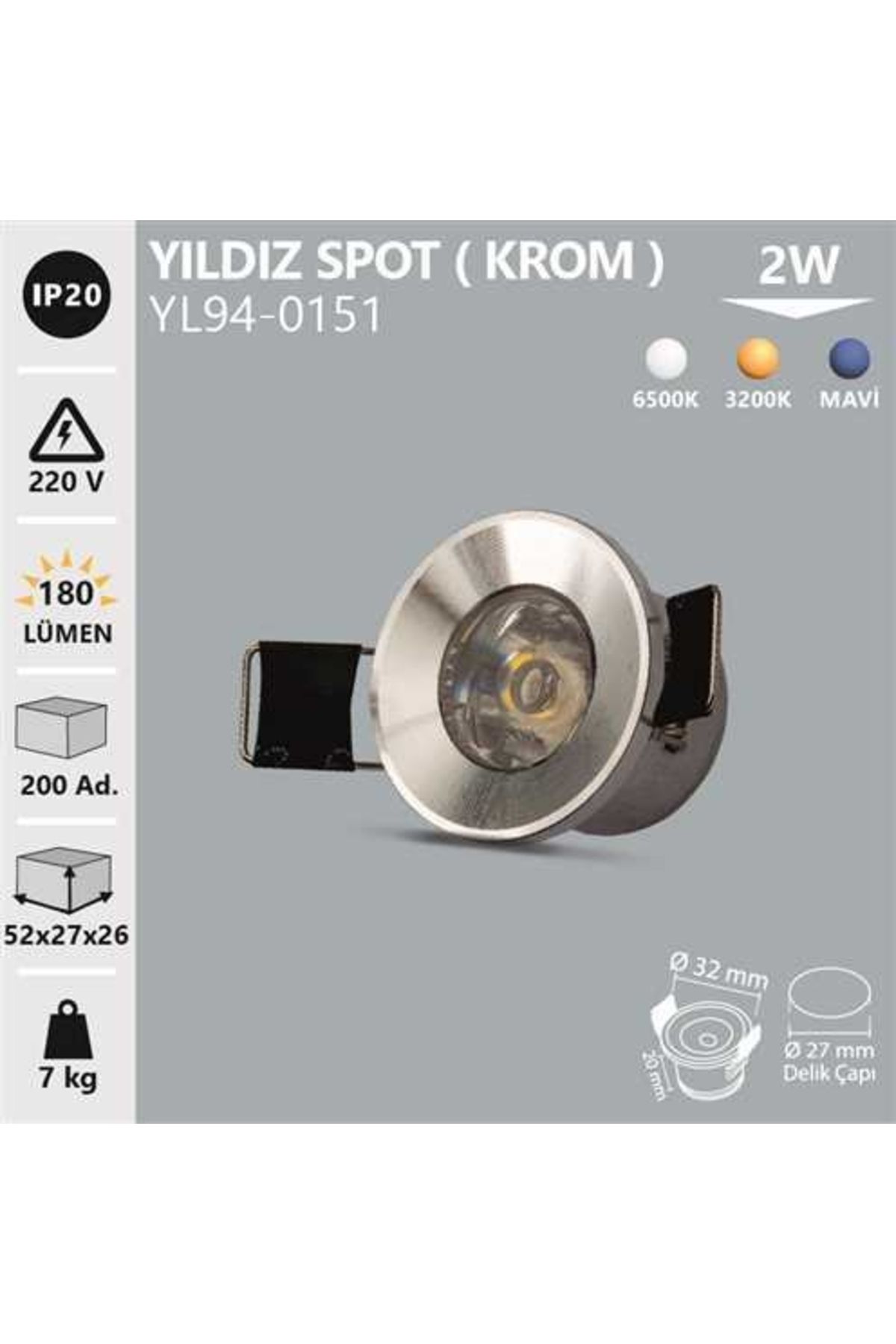 Noas 2w Yildiz Spot Krom Kasa Beyaz