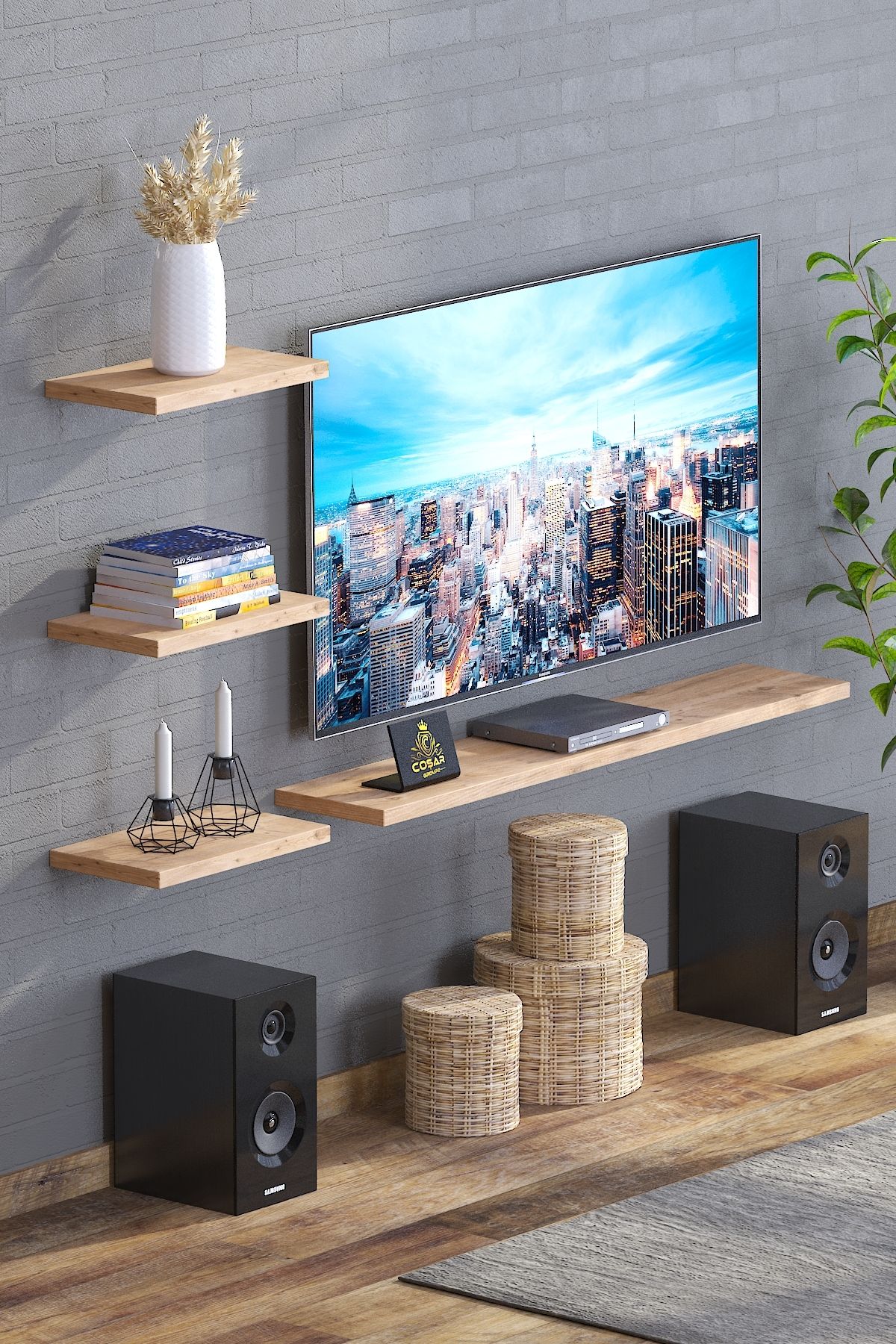 Cosargroup 4lü İskandinav Tarzı Bohem Uçan Duvar Rafı Tv Rafı Salon Dekorasyonu 4'lü