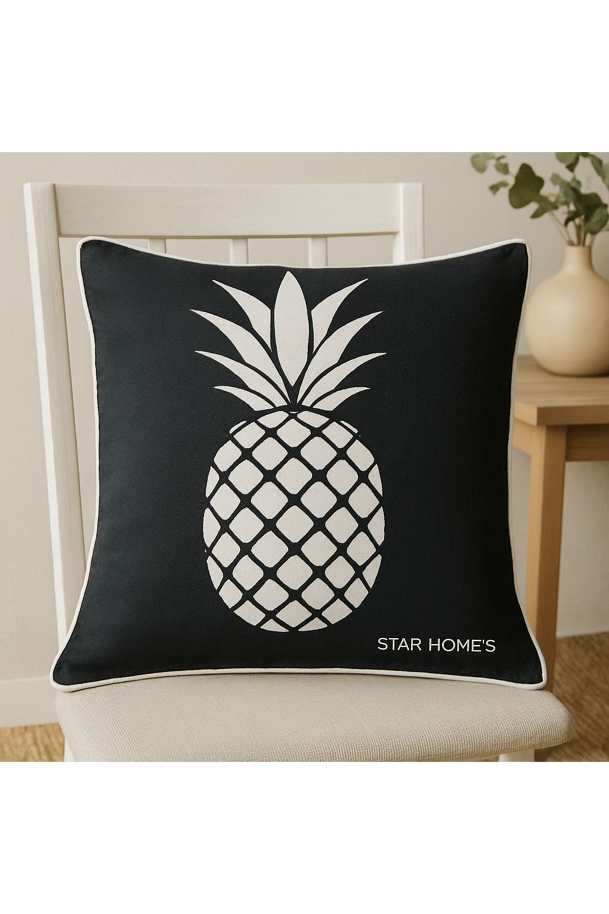 YILDIZ DİJİTAL HOME Ananas Desenli Modern Yastık Kılıfı 43x43 cm | Siyah Beyaz Kırlent Kılıfı - Star Home’s