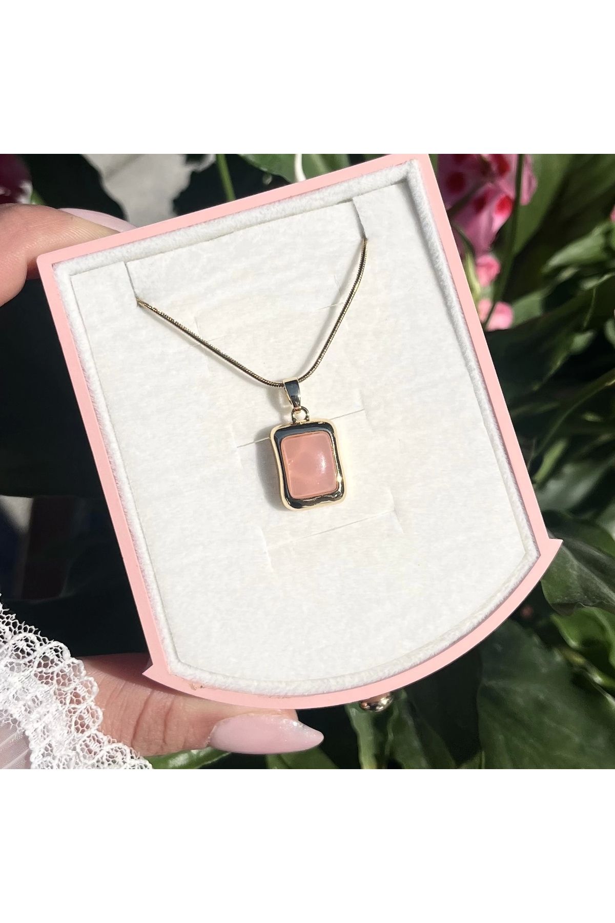 Vintagezegeni Pembe Taşlı Dörtgen Kolye I Çelik