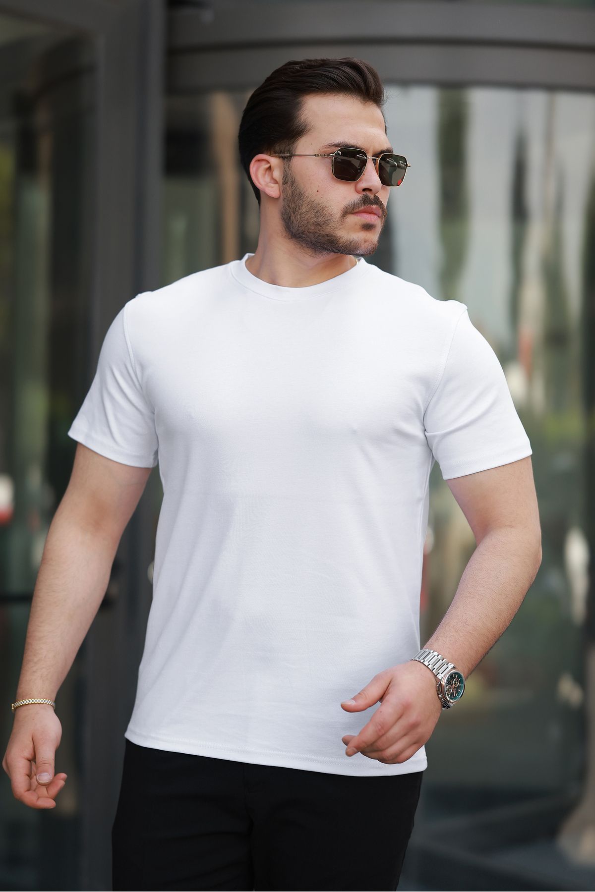 SALTİMORE Beyaz Erkek %100 Pamuk Slim Fit Dar Kesim Bisiklet Yaka Basic Tişört