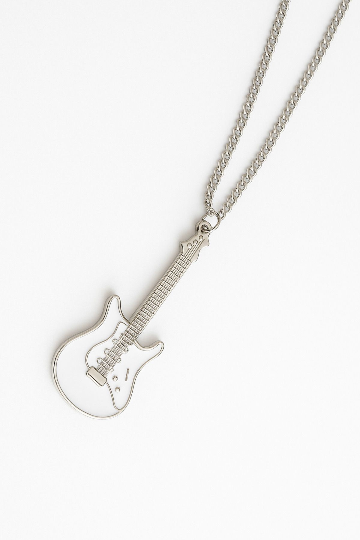 Darkia Beyaz Gitar Rock N Roll Unisex Zincirli Hediyelik Kolye