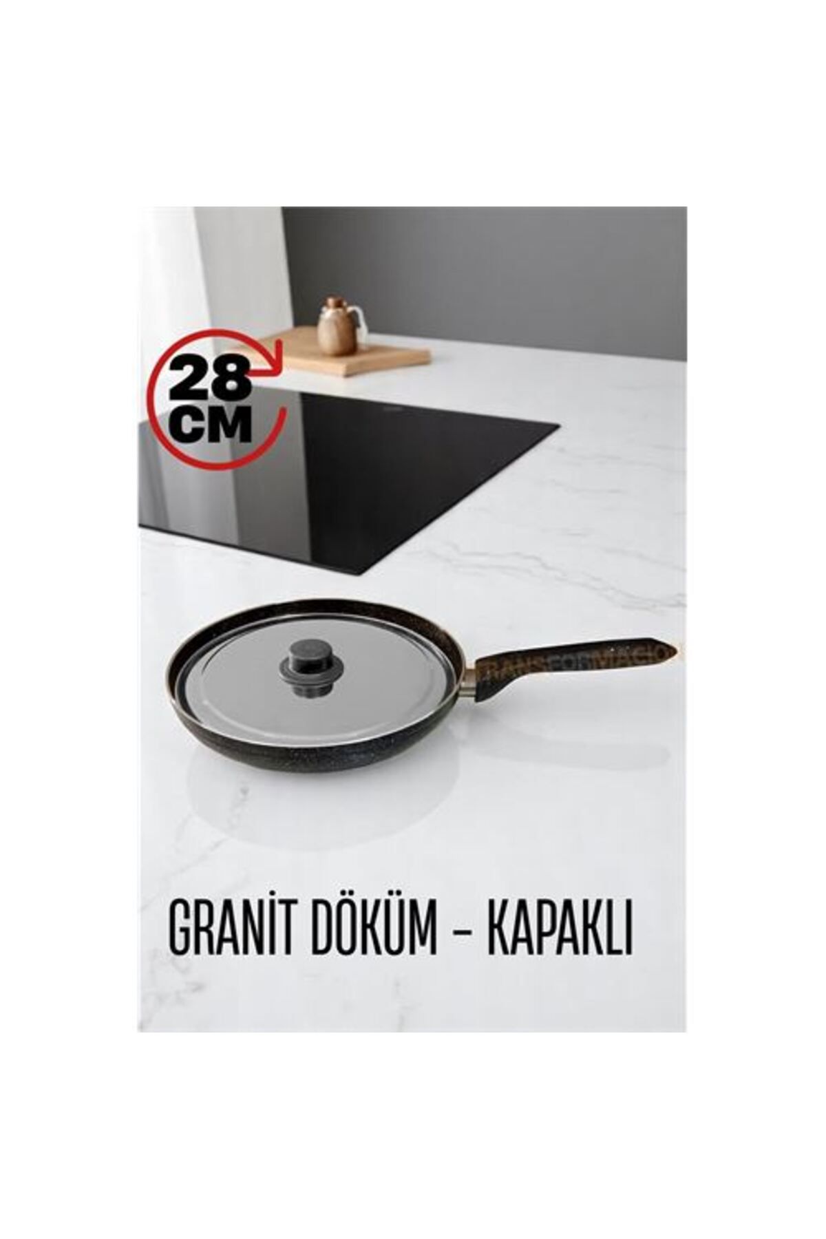 ModaCar Granit Döküm Tava Paslanmaz Çelik Kapaklı -Yapışmaz Taban 28 Cm