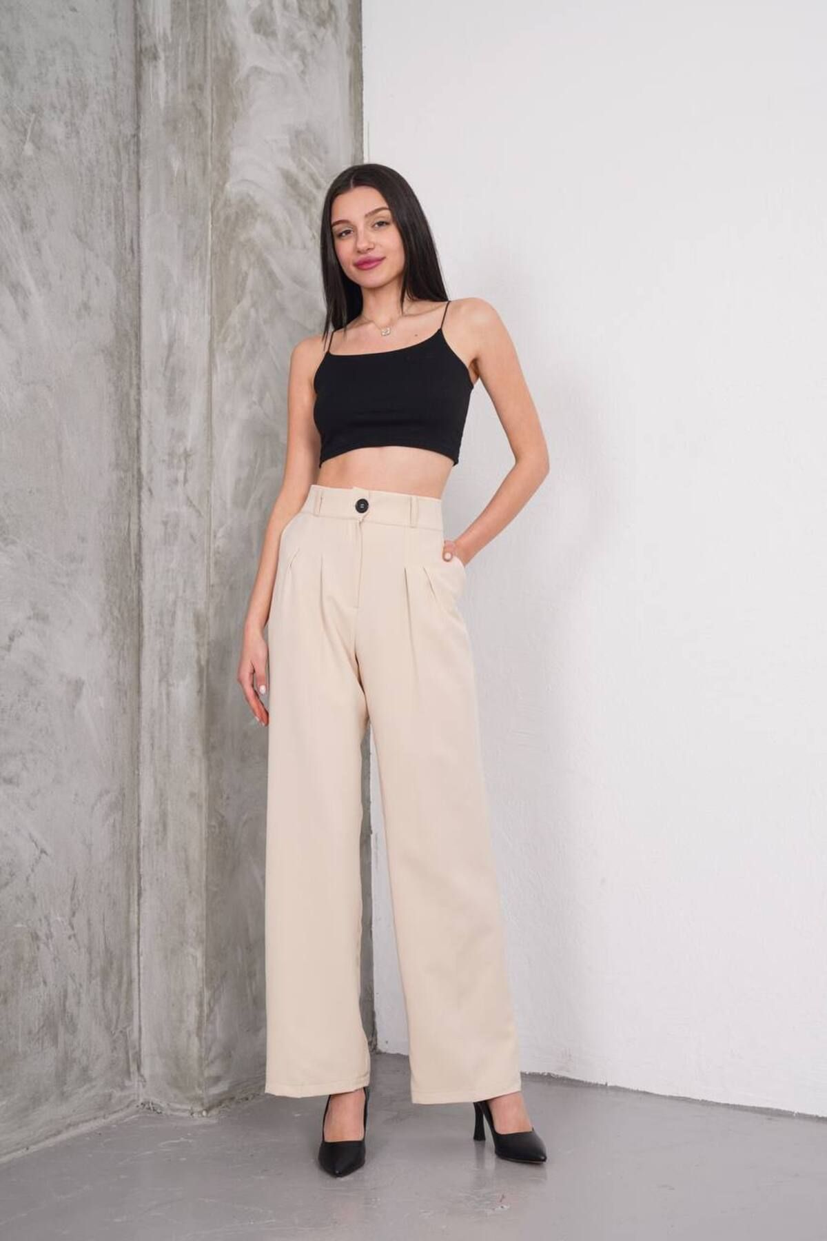 MODESTRIA Yüksek Bel Pens Detaylı Geniş Paça Kumaş Pantolon