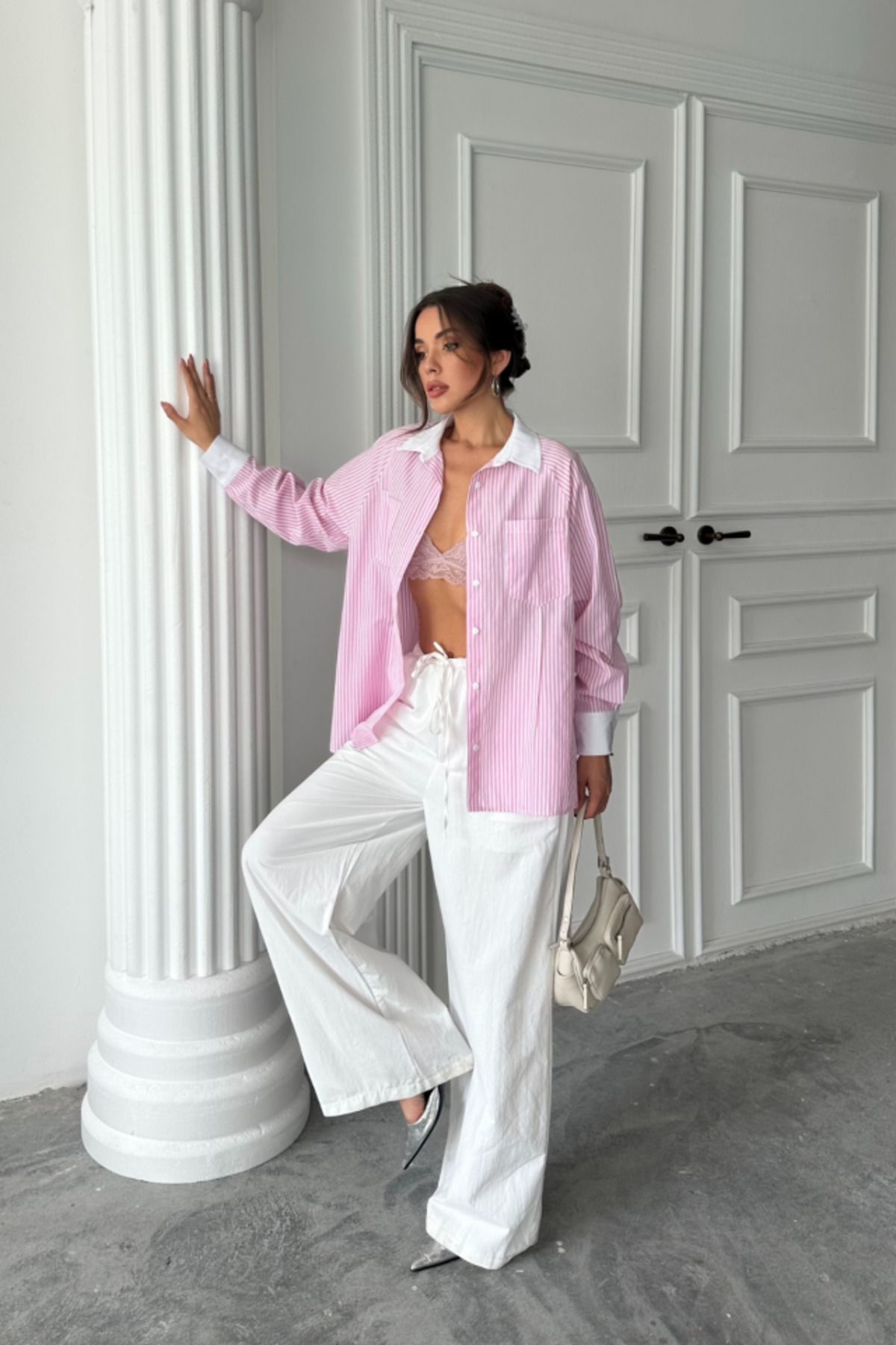 velmorafashion YAKA VE MANŞET BEYAZ BOYFRİEND ÇİZGİLİ POPLİN GÖMLEK - Pembe