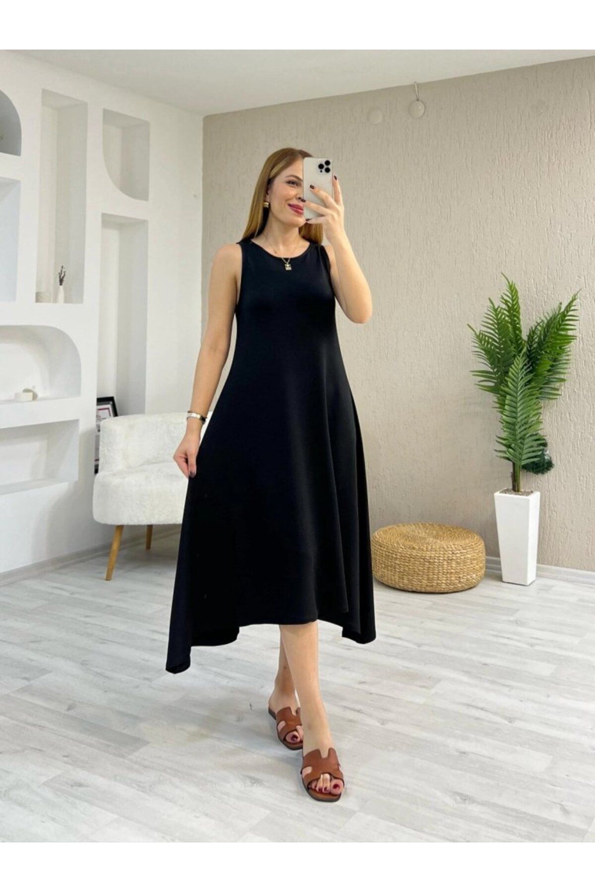velmorafashion Kadın Askılı Yuvarlak Yakalı Asimetrik Kesim Detaylı Viskon Elbise