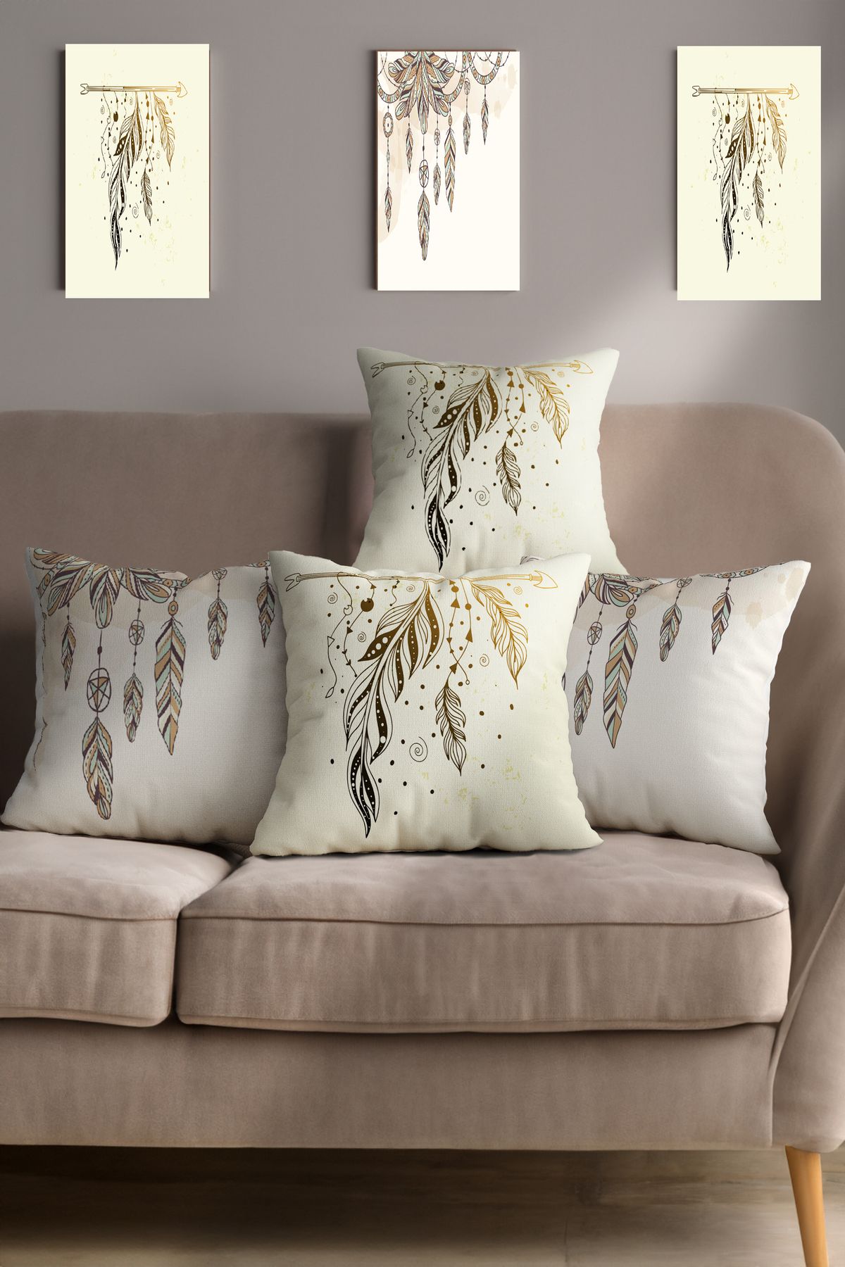Ahsen Dekoratif Modern Şans Tüyü Dijital Baskı 43x43 Kırlent Kılıfı Takımı.