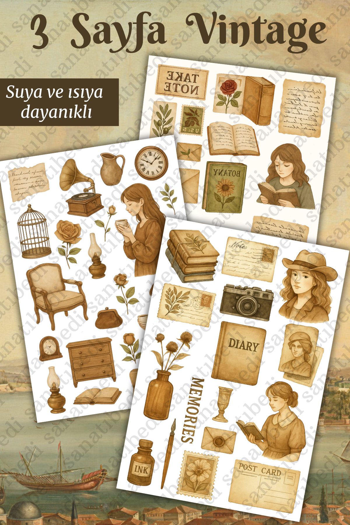 sanatıbedi 3 Sayfa Vintage Diary Günlük Sticker - Laptop Ajanda Motor Kask Telefon Tablet Journal Etiketi