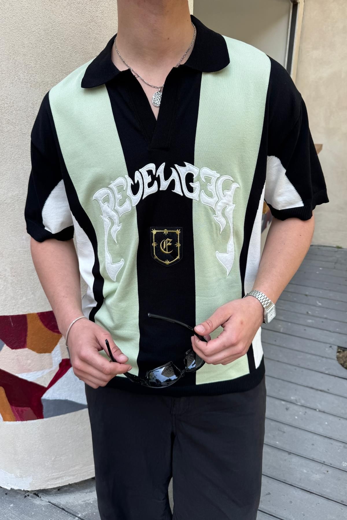 Jr.Crime Revenge Patch Detay Çizgili Triko Kumaş Tshirt