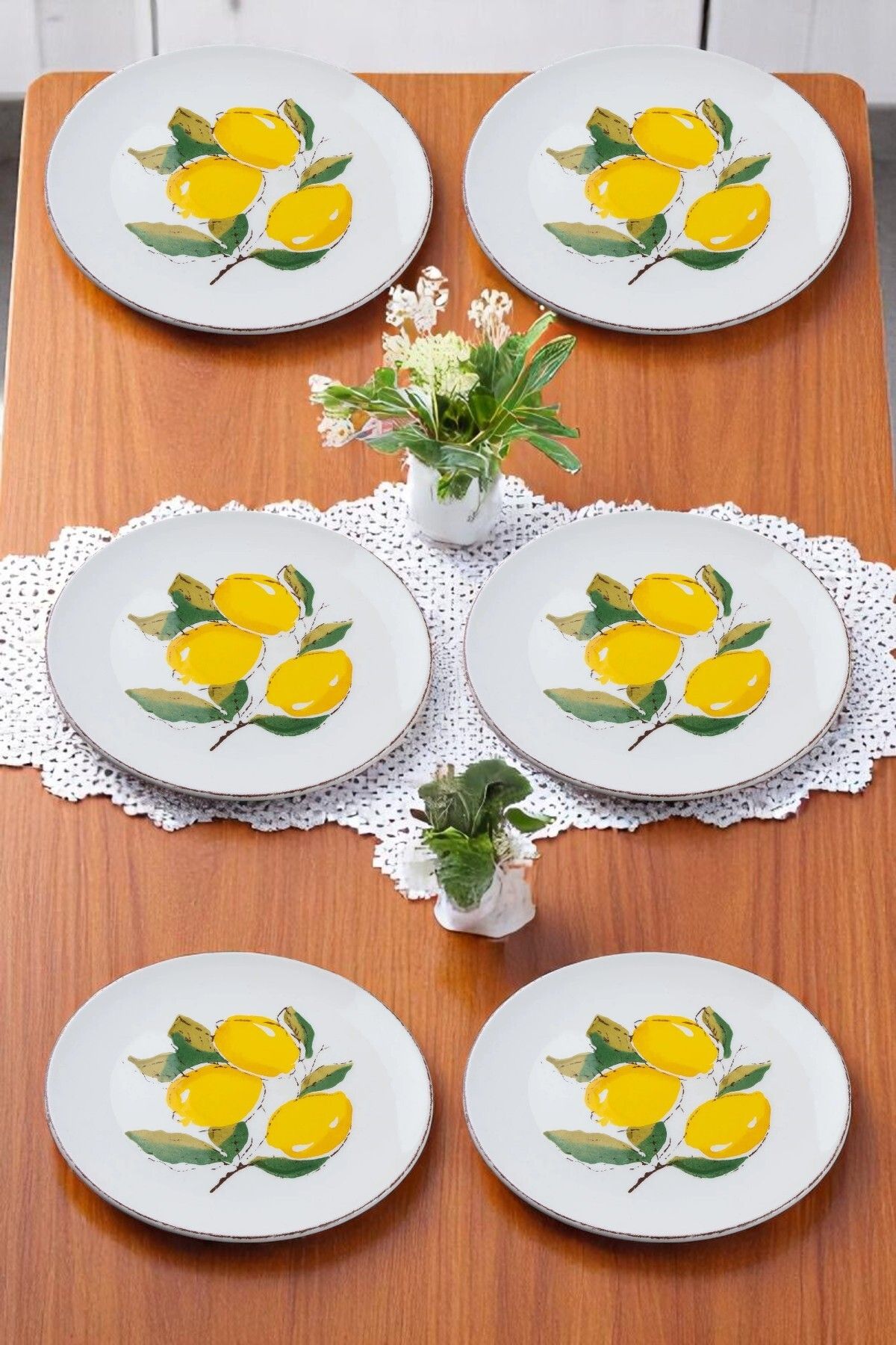 Home Limon Desenli El Yapımı Seramik Pasta Tabağı - Servis Tabak Seti 6 Adet 21 cm