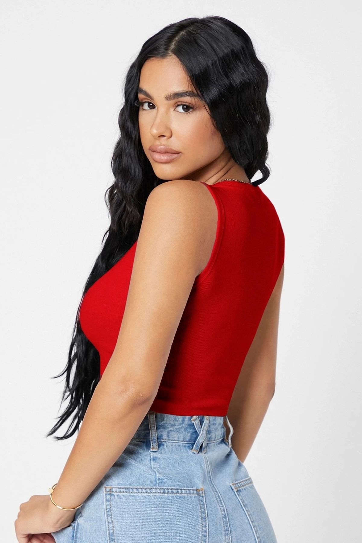 GiyimCity Kadın Kırmızı Kare Yaka Crop Top Bluz