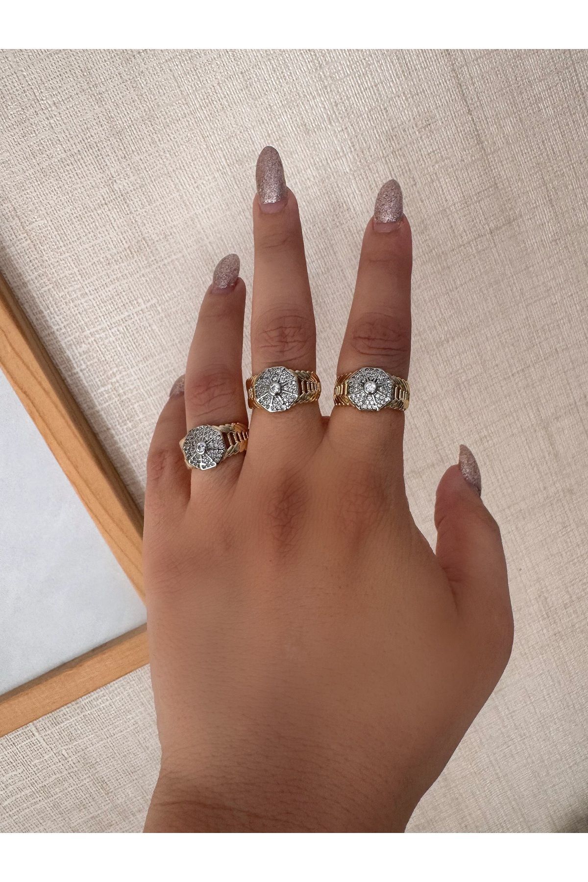 MOD10 Helen Jewerly Çelik silver gold zirkon taşlı plaka şövalye yüzük serenay serisi