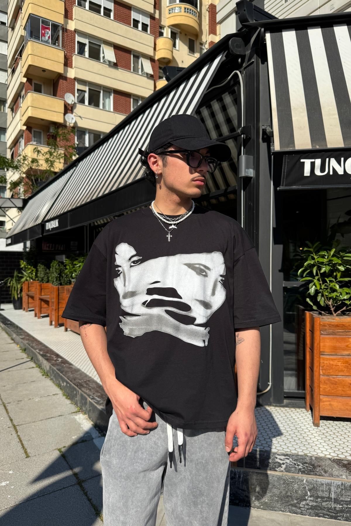 Jr.Crime Twin Baskılı Siyah Oversize Tshirt