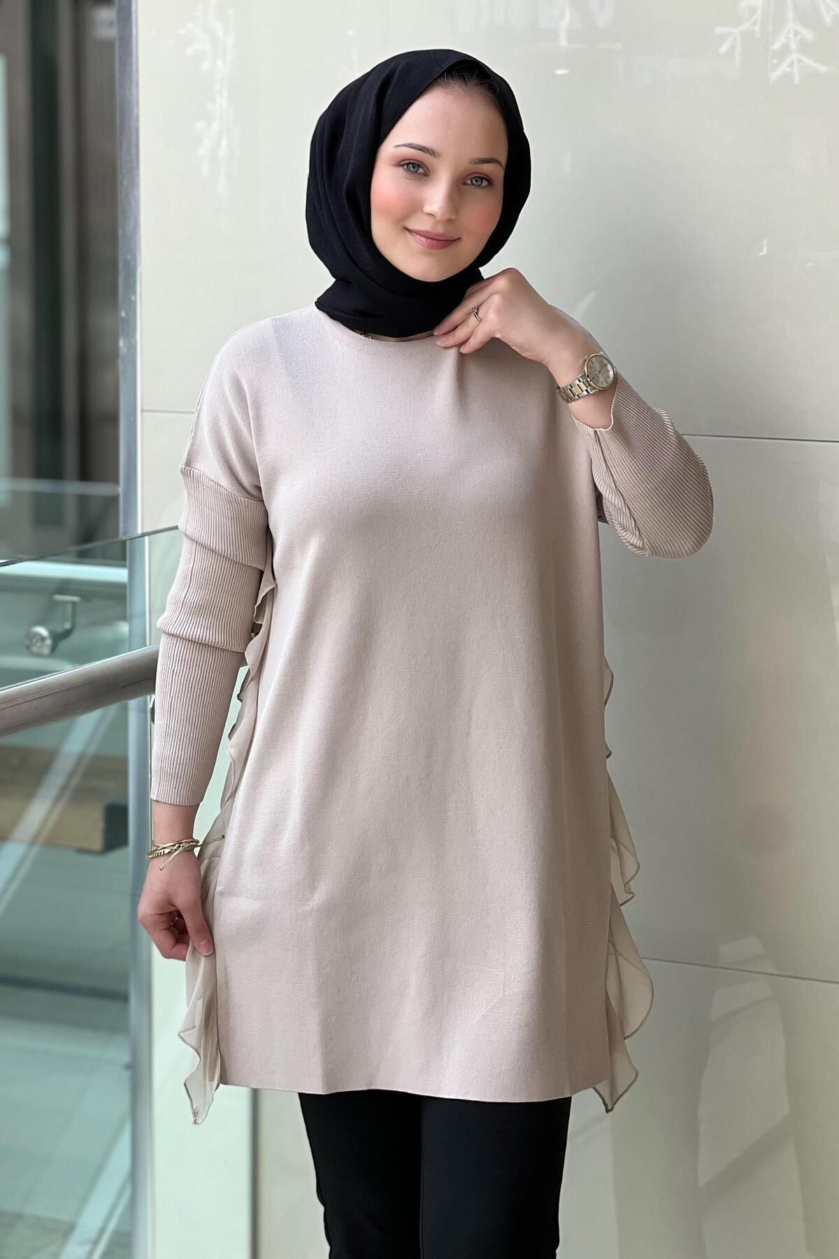 Ghisa Yanları Fırfırlı Sıkma Kol Merserize Tunik