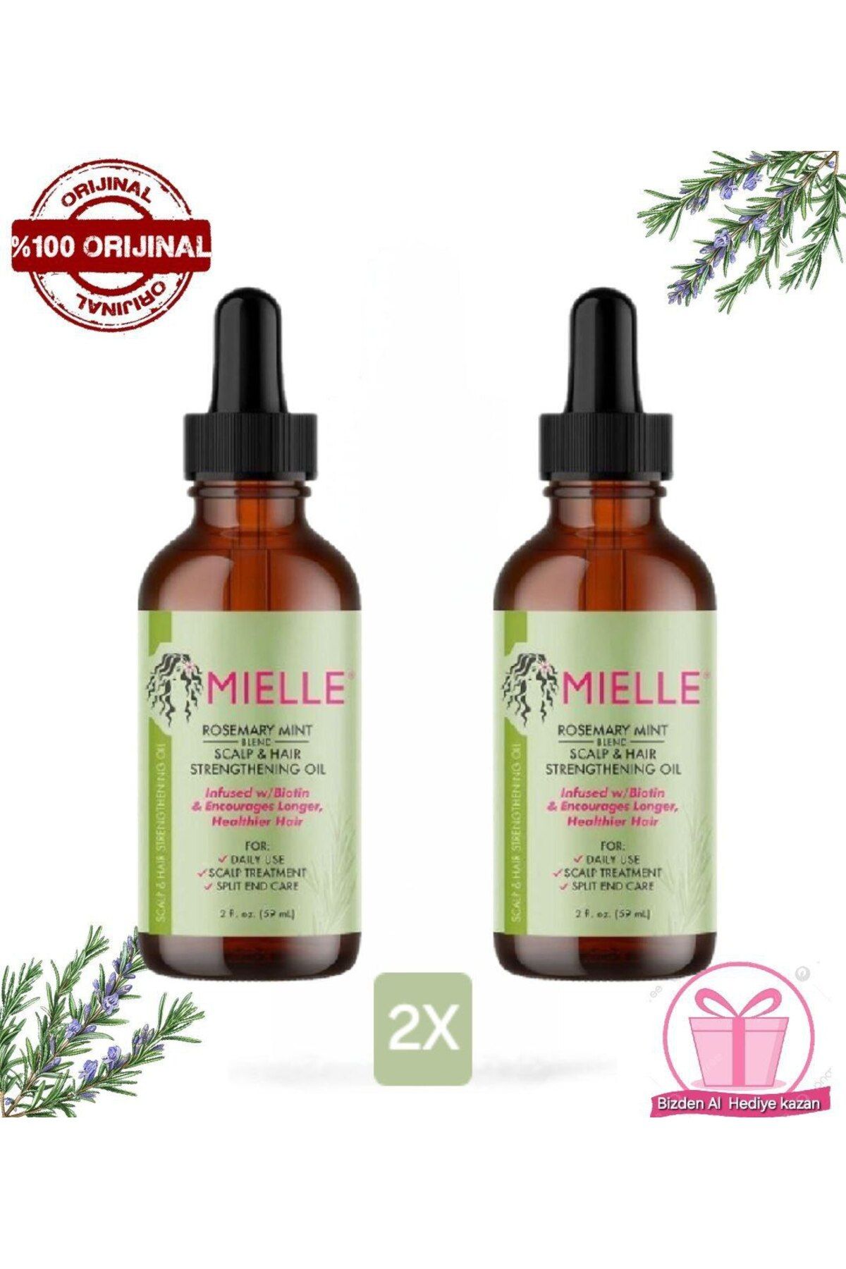 mielle organics Organic Rosemary 2Li Mint Scalp Hair Strengthening Oil 59 ml 2025 Versiyon + Hediye