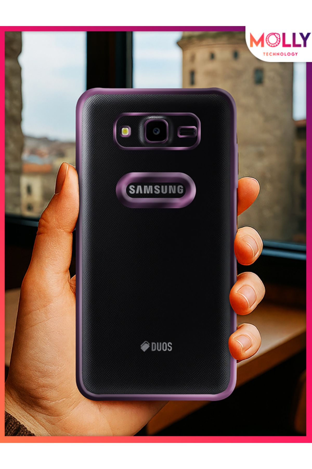 Molly Samsung Galaxy J7 Core İçin Kenarları Derin Mor Lens Koruyuculu Lou Lazer Şeffaf Silikon Kılıf