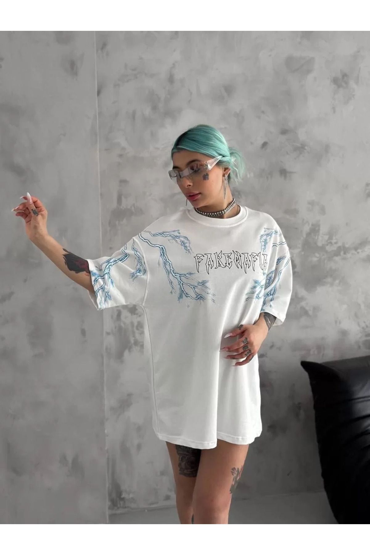 FantaziAtölyesi Unisex Bisiklet Yaka Baskılı Oversize T-Shirt - Beyaz