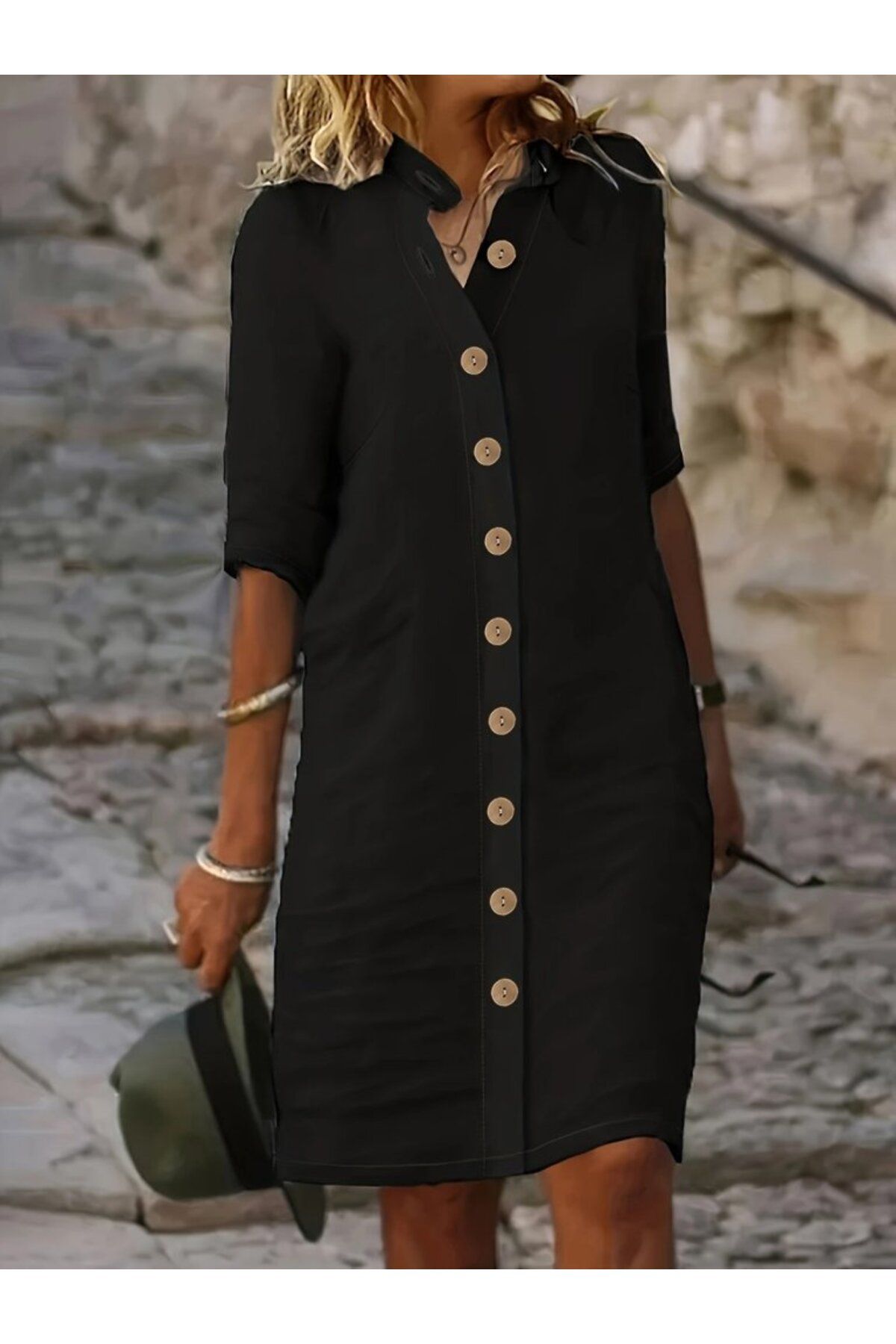 velmorafashion Kadın Kısa Kollu Hakim Yaka önden Düğmeli Kısa Müslim Elbise