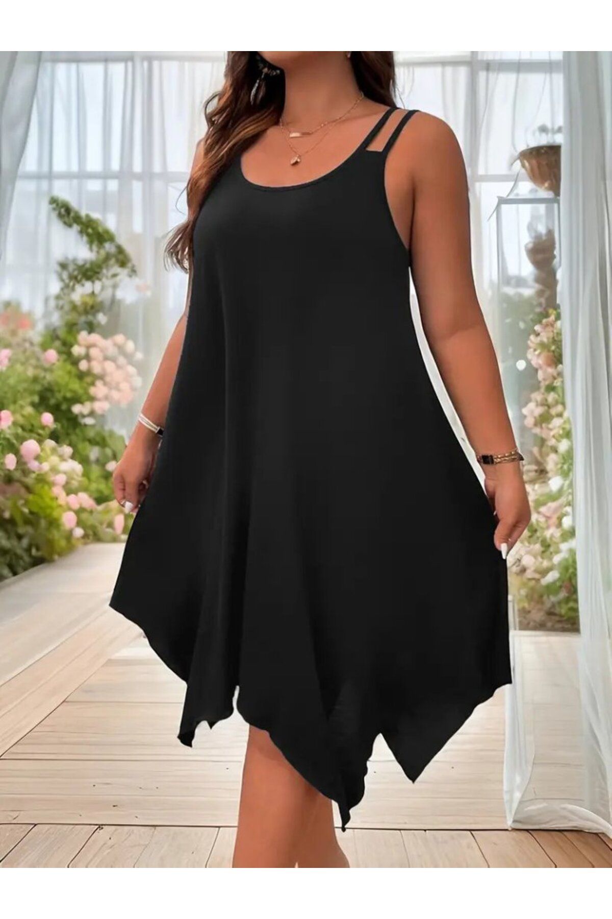 velmorafashion Kadın Askılı Yuvarlak Asimetrik Kesim Detaylı Viskon Elbise