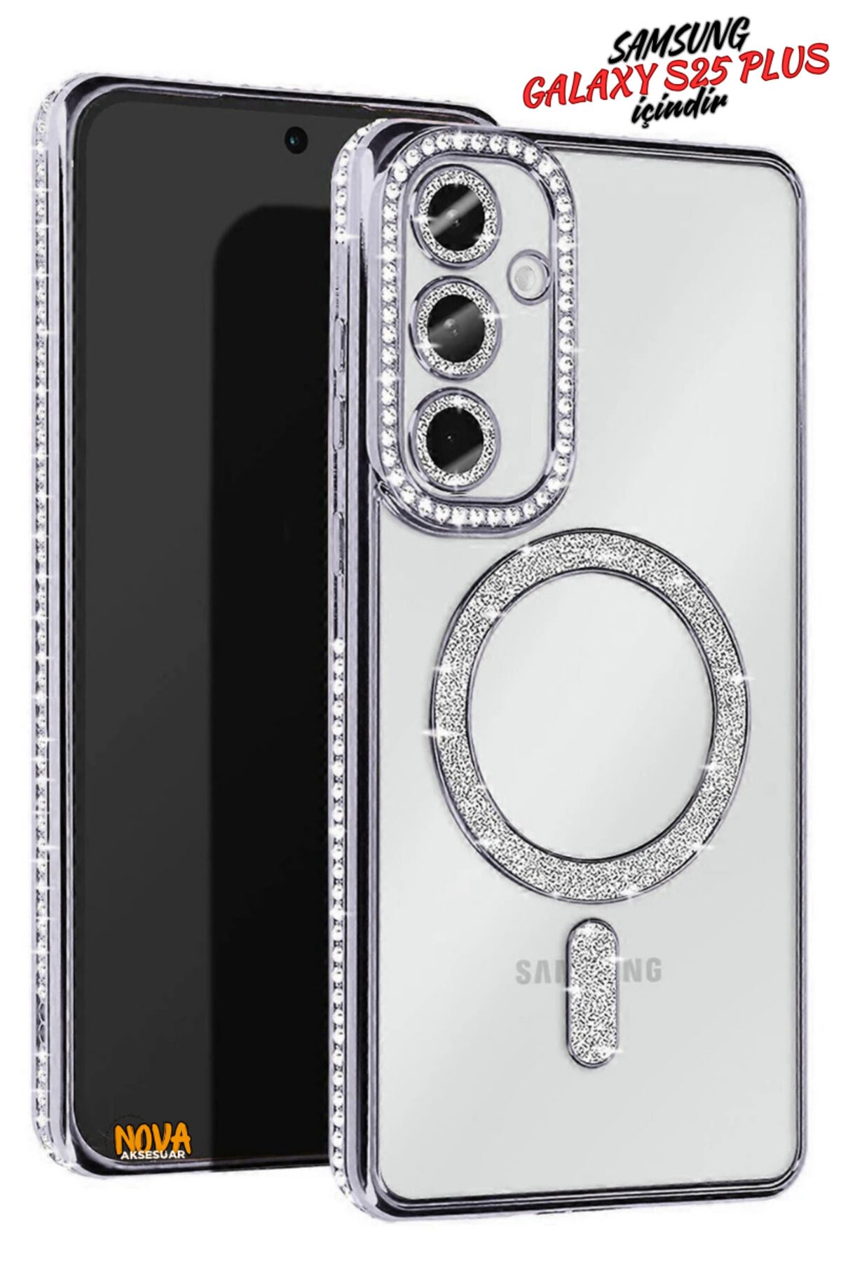 cepmoda Samsung Galaxy S25 PLUS - Taşlı Simli Magsafe Telefon Kılıfı - Lens Korumalı Lüx Kapak - GÜMÜŞ