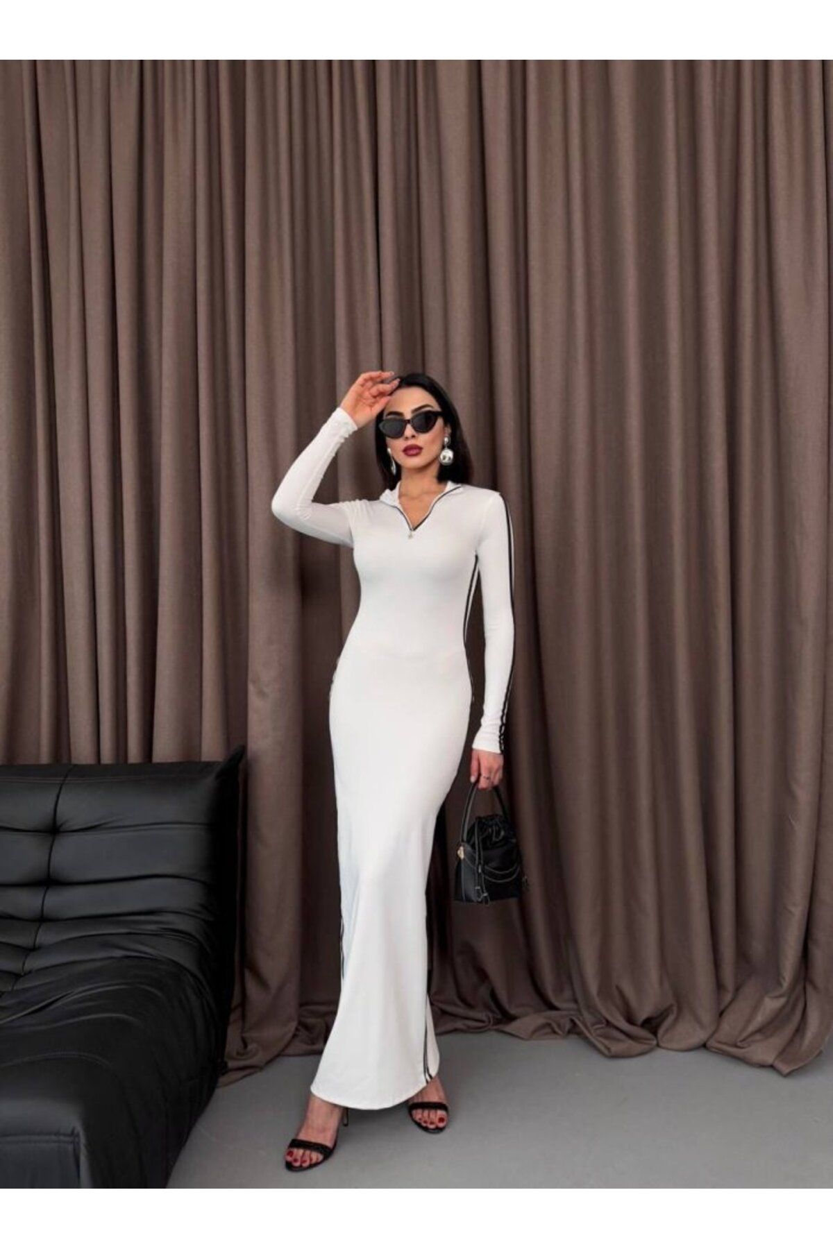 velmorafashion Şerit Detaylı Uzun Elbise