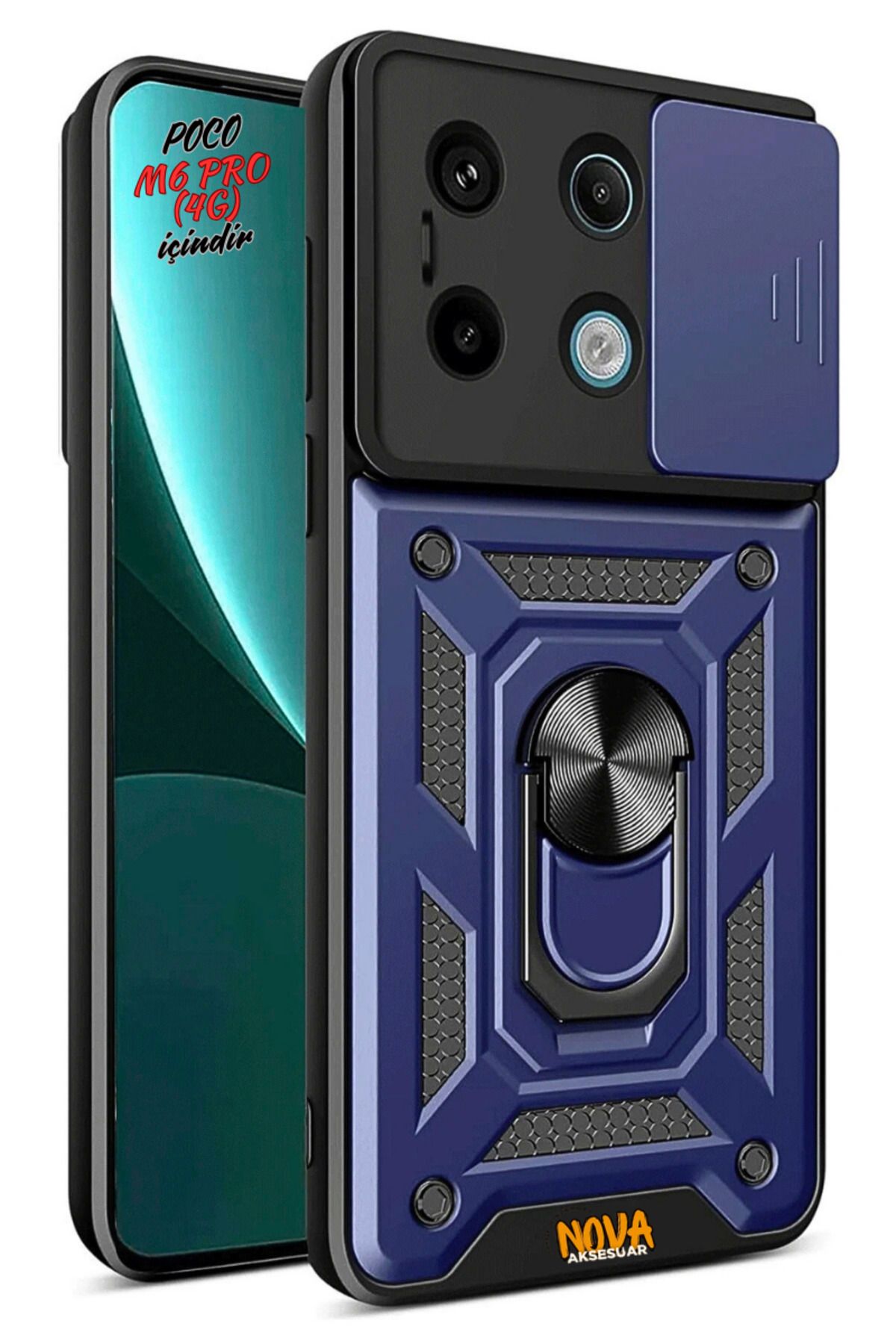 cepmoda XİAOMİ POCO M6 PRO 4G - Panzer/Tank Kılıf-Kapak Kamera Sürgülü Standlı Yüzüklü - LACİVERT