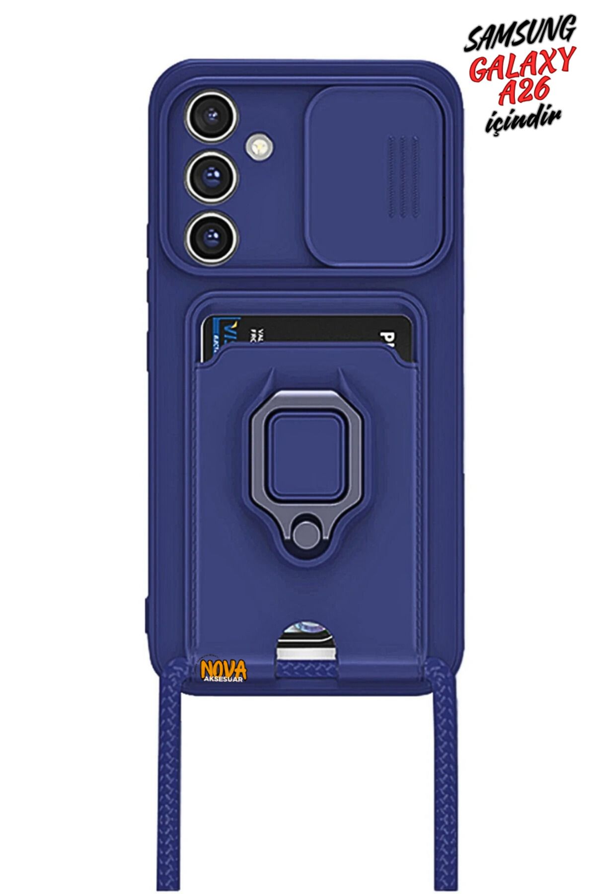 cepmoda SAMSUNG GALAXY A26 Boyun Askılı Kılıf | Ring Stand ipli Kamera Sürgülü Kapak - LACİVERT