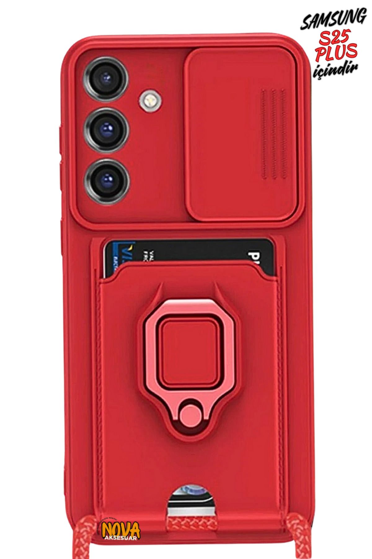 cepmoda SAMSUNG GALAXY S25 PLUS Boyun Askılı Kılıf | Ring Stand ipli Kamera Sürgülü Kapak - KIRMIZI
