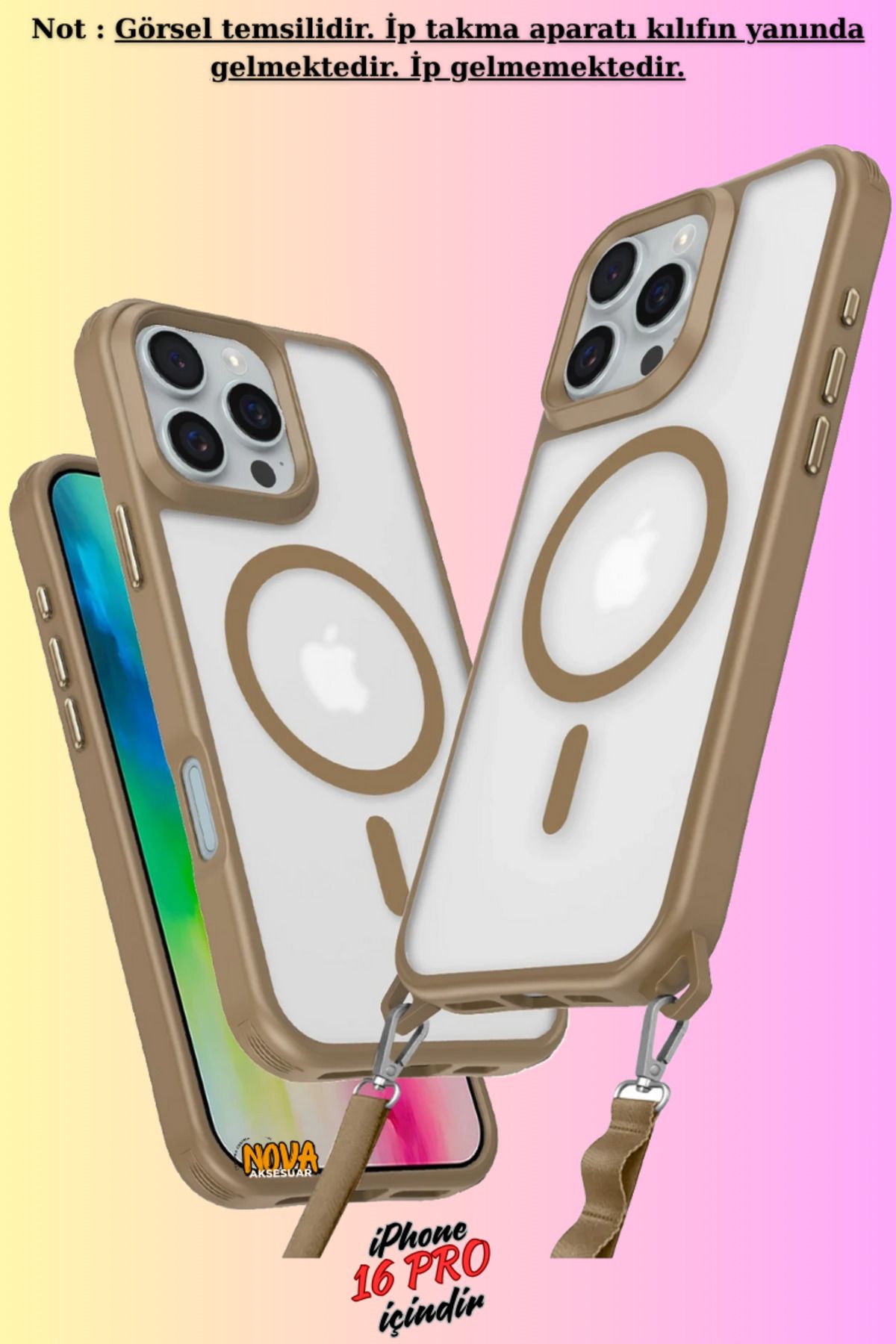 cepmoda iPhone 16 PRO - Renkli Kenar Darbe Koruyucu Enka Magsafe TPU Kapak/Kılıf - ÇÖL TİTANYUM