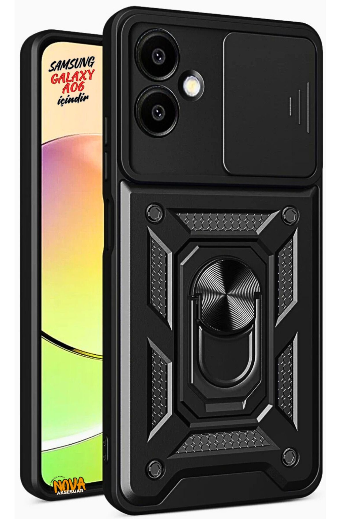 cepmoda Samsung Galaxy A06 - Panzer/Tank Kılıf-Kapak Kamera Sürgülü Standlı Yüzüklü - SİYAH