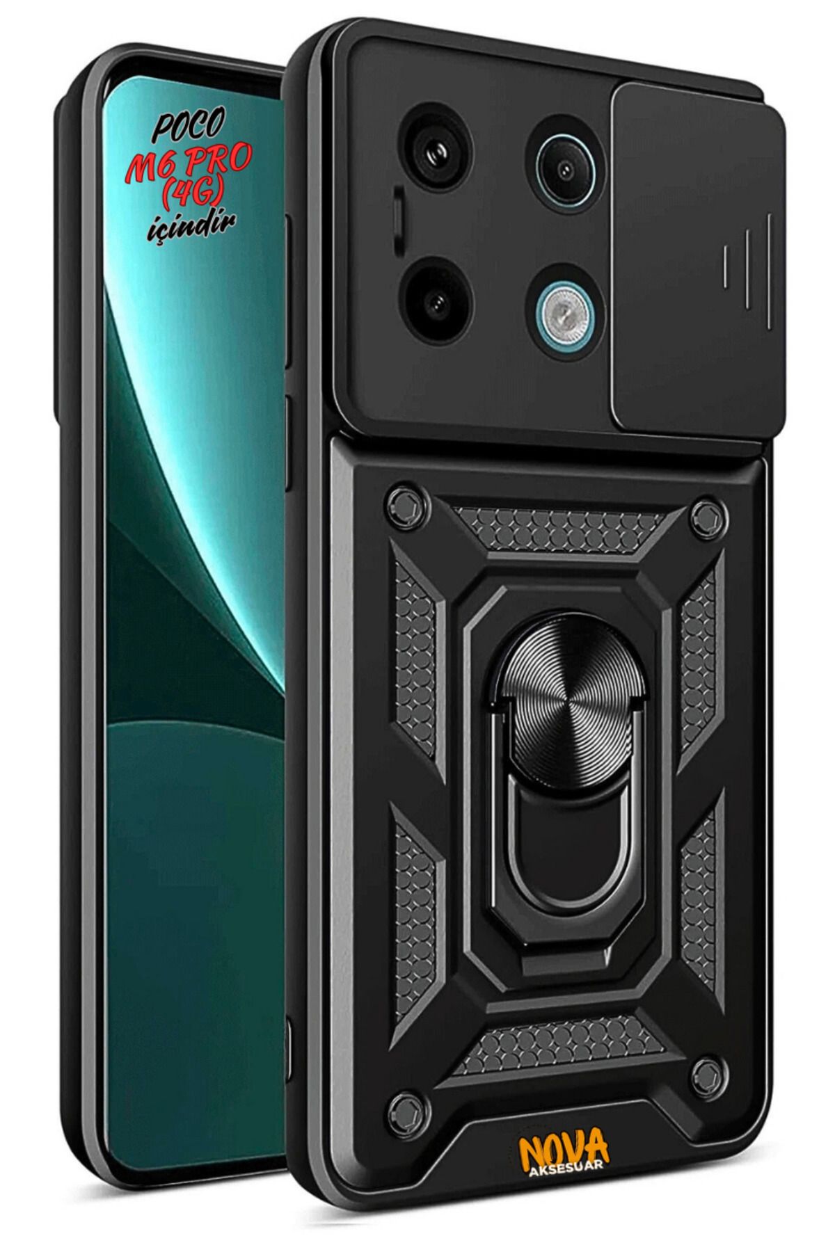 cepmoda XİAOMİ POCO M6 PRO 4G - Panzer/Tank Kılıf-Kapak Kamera Sürgülü Standlı Yüzüklü - SİYAH