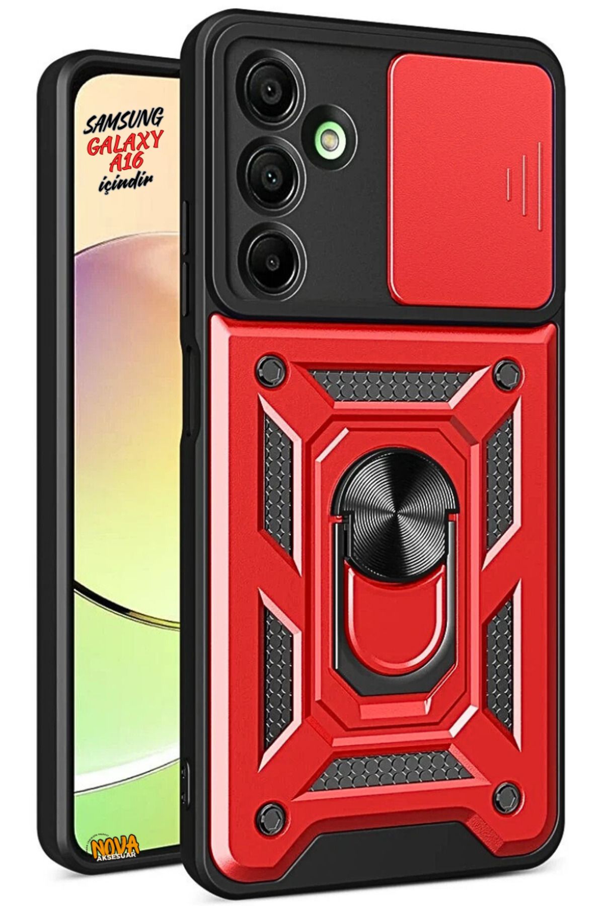 cepmoda Samsung Galaxy A16 - Panzer/Tank Kılıf-Kapak Kamera Sürgülü Standlı Yüzüklü - KIRMIZI
