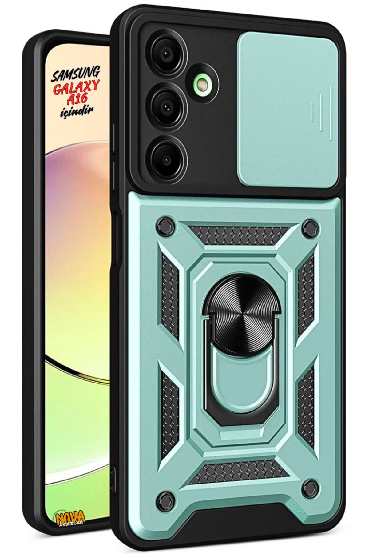 cepmoda Samsung Galaxy A16 - Panzer/Tank Kılıf-Kapak Kamera Sürgülü Standlı Yüzüklü - YEŞİL