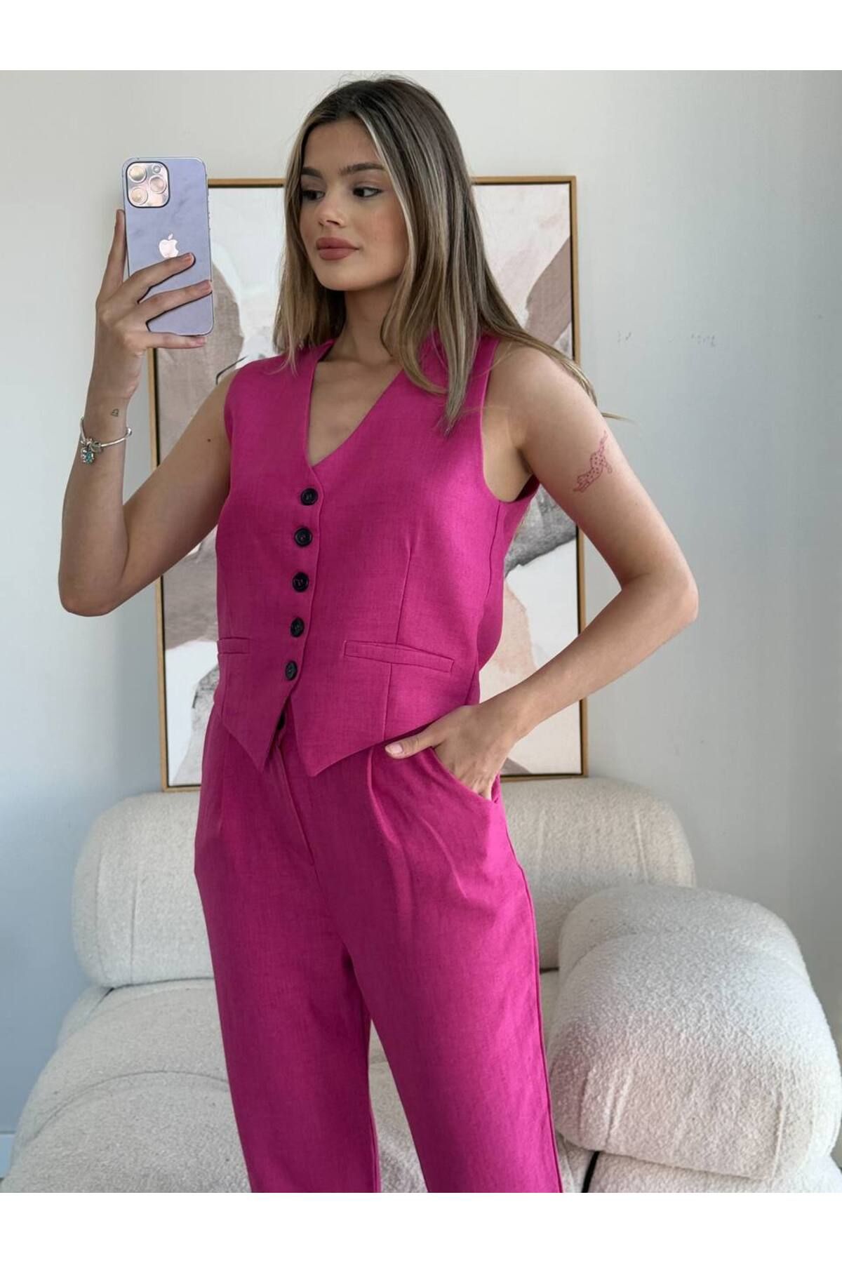 Castivo Fashion Kadın Yelek Pantolon Takım - Düğmeli Crop Yelekli Takım