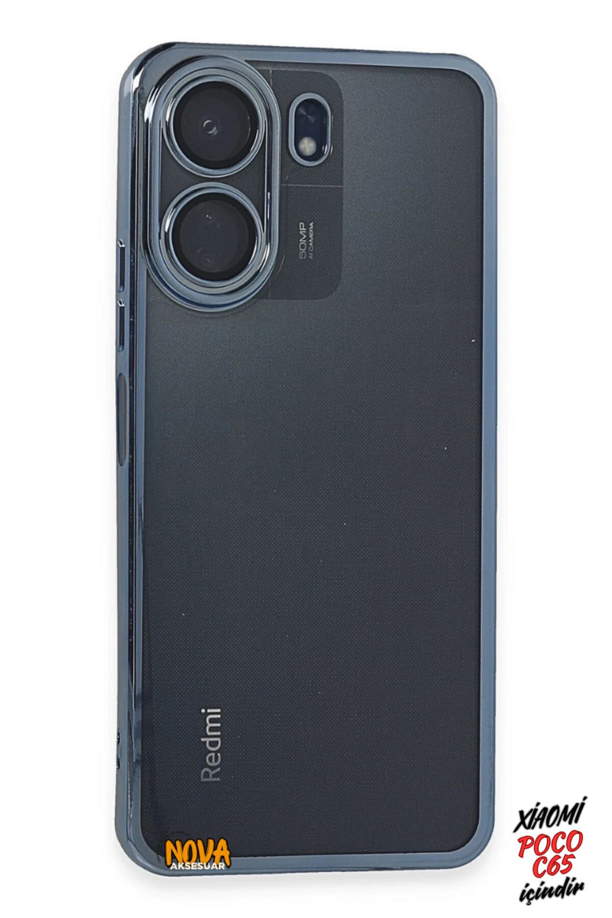 cepmoda Xiaomi POCO C65 - Yanları Renkli Kamera Lens Korumalı Şeffaf Kapak/Kılıf - Lacivert