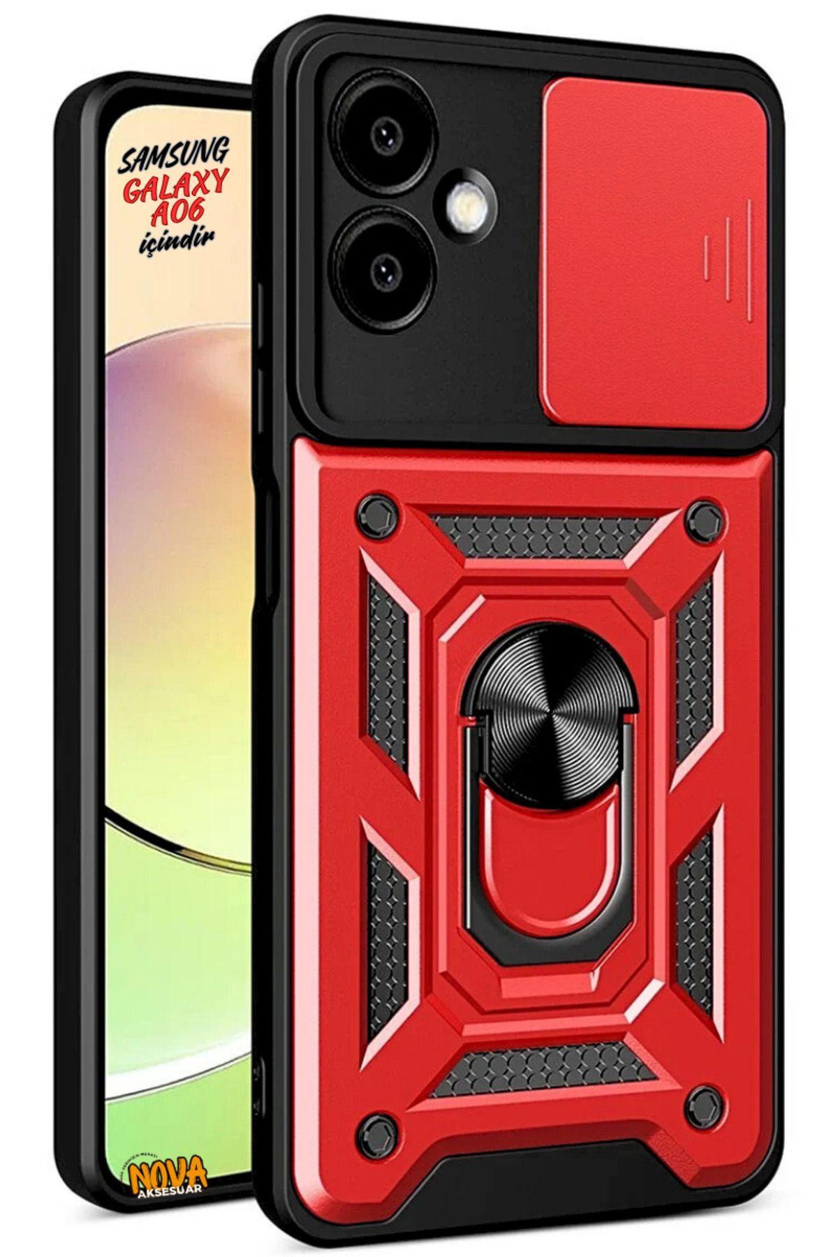 cepmoda Samsung Galaxy A06 - Panzer/Tank Kılıf-Kapak Kamera Sürgülü Standlı Yüzüklü - KIRMIZI