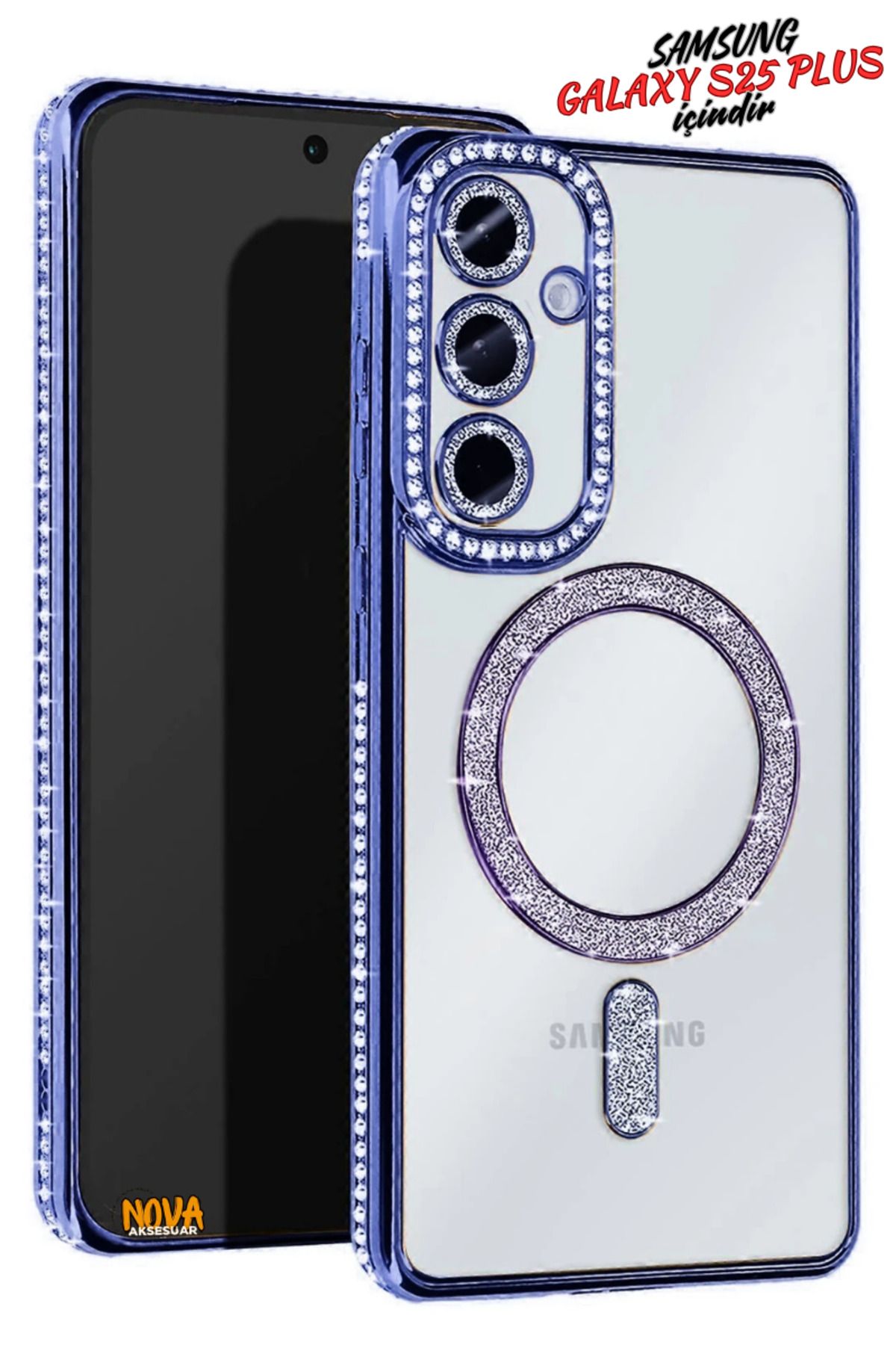 cepmoda Samsung Galaxy S25 PLUS - Taşlı Simli Magsafe Telefon Kılıfı - Lens Korumalı Lüx Kapak - MAVİ