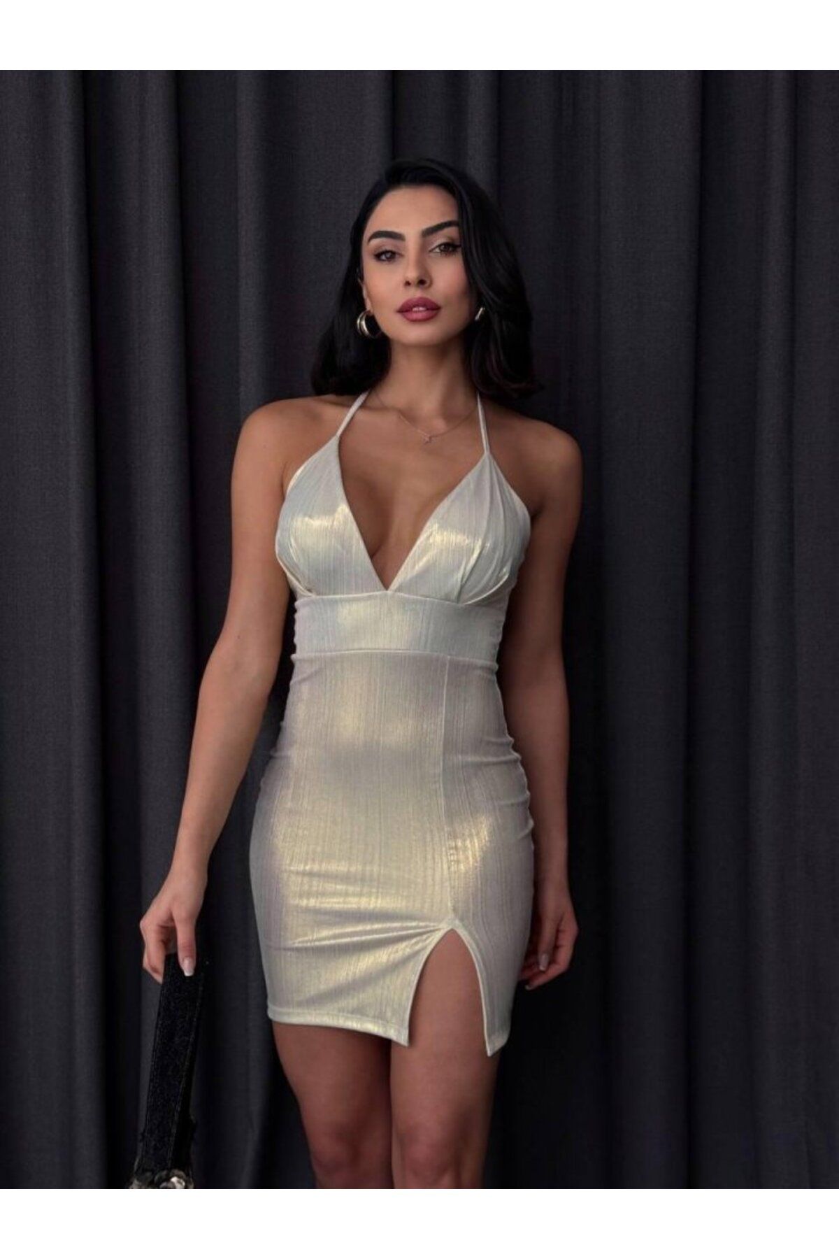 velmorafashion Yırtmaç Detaylı Mini Elbise