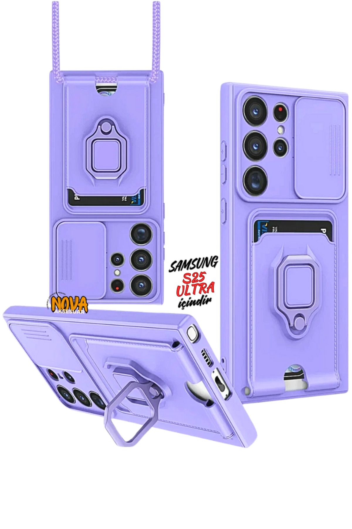 cepmoda SAMSUNG GALAXY S25 ULTRA Boyun Askılı Kılıf | Ring Stand ipli Kamera Sürgülü Kapak - LİLA