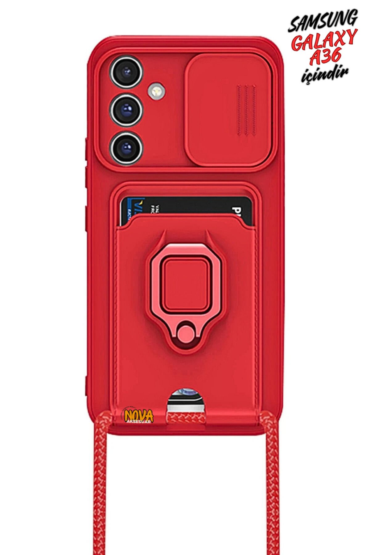 cepmoda SAMSUNG GALAXY A36 Boyun Askılı Kılıf | Ring Stand ipli Kamera Sürgülü Kapak - KIRMIZI
