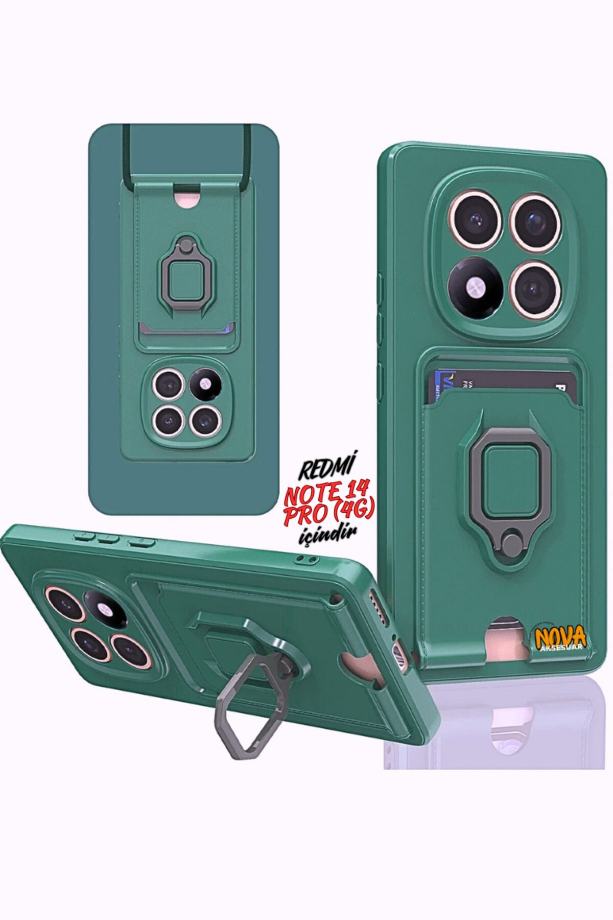 cepmoda Xiaomi Redmi NOTE 14 PRO (4G) Boyun Askılı Kılıf | Ring Stand ipli Kamera Sürgülü Kapak - YEŞİL