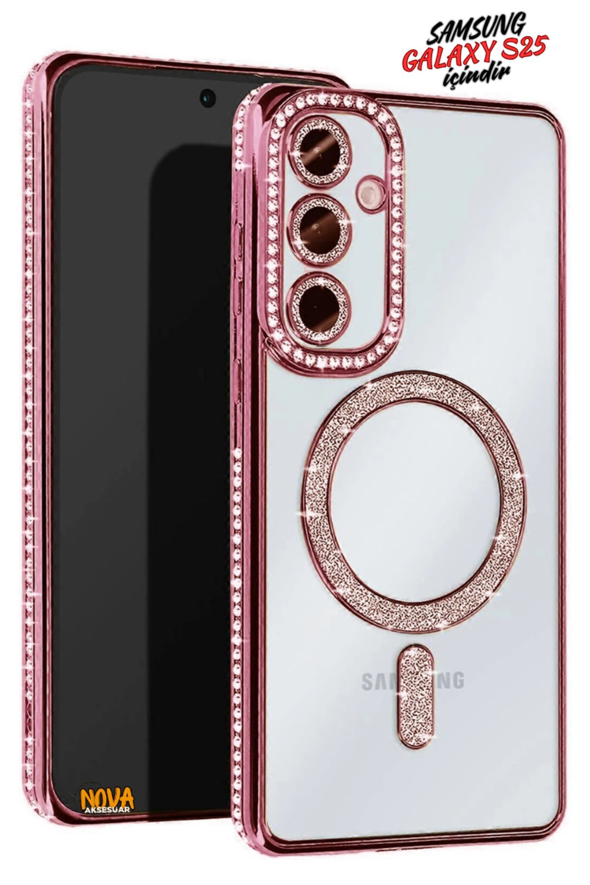cepmoda Samsung Galaxy S25 - Taşlı Simli Magsafe Telefon Kılıfı - Lens Korumalı Lüx Kapak - PEMBE