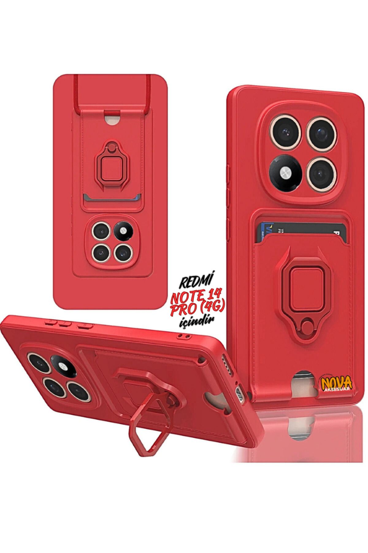 cepmoda Xiaomi Redmi NOTE 14 PRO (4G) Boyun Askılı Kılıf | Ring Stand ipli Kamera Sürgülü Kapak - KIRMIZI