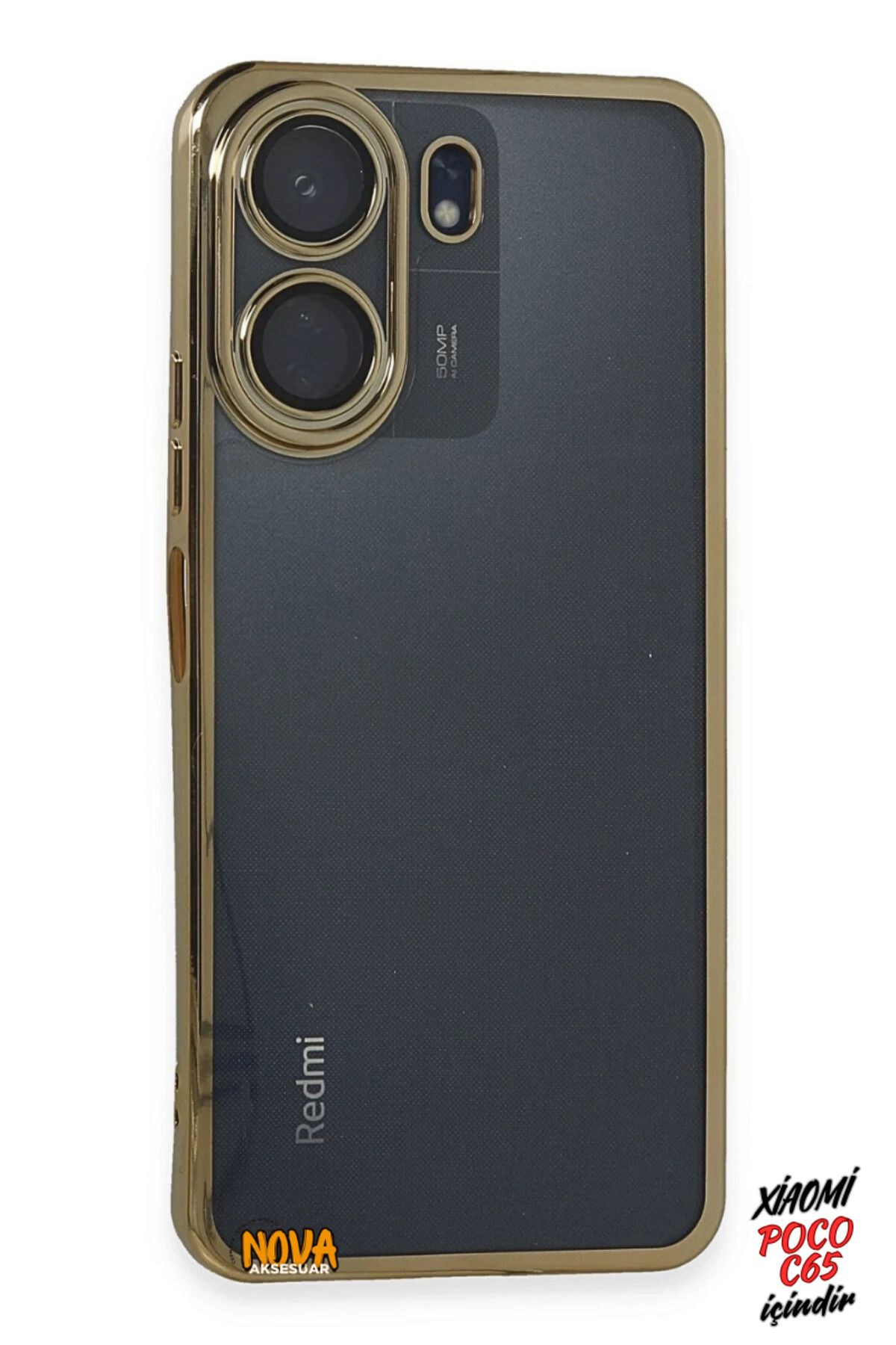 cepmoda Xiaomi POCO C65 - Yanları Renkli Kamera Lens Korumalı Şeffaf Kapak/Kılıf - Gold