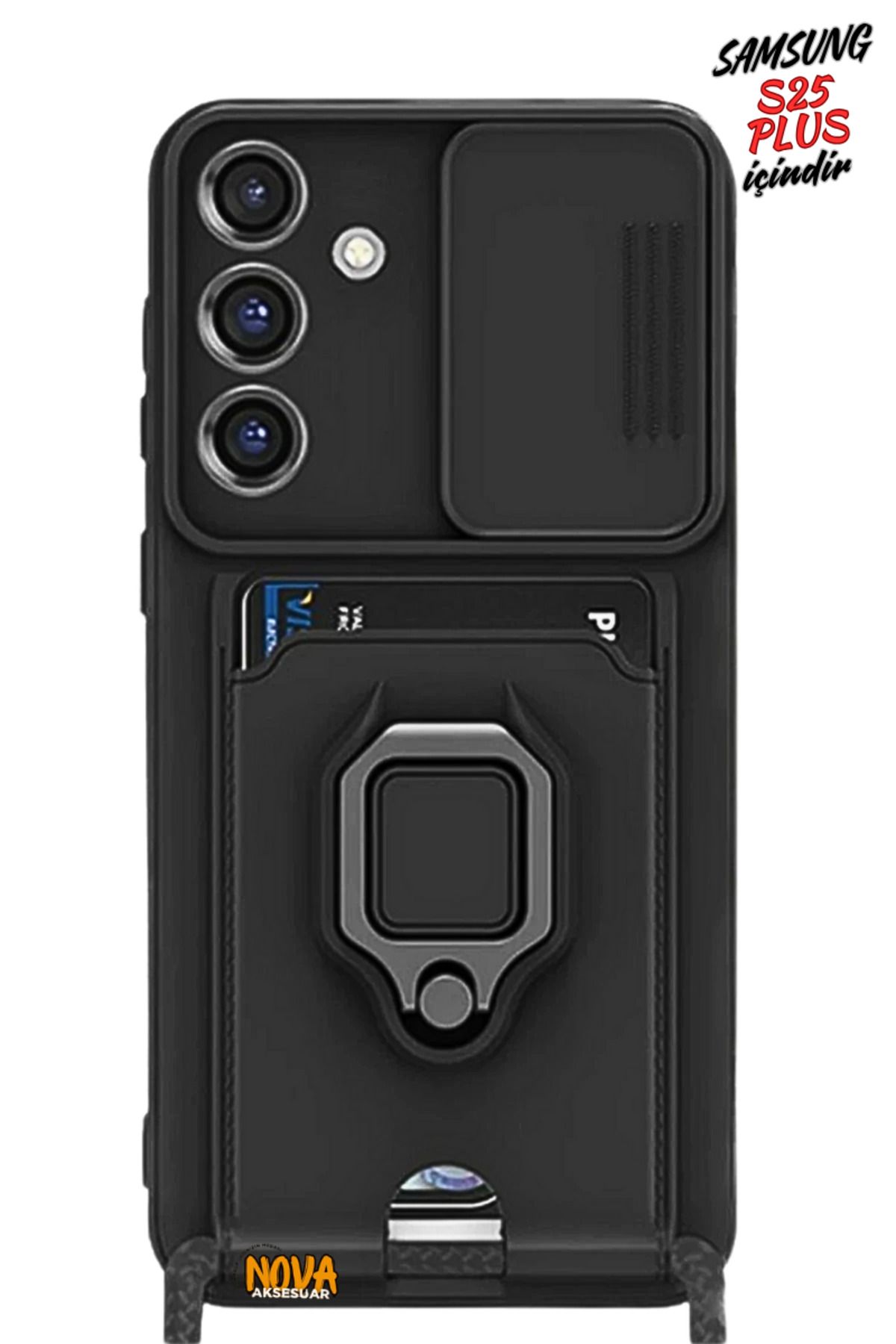 cepmoda SAMSUNG GALAXY S25 PLUS Boyun Askılı Kılıf | Ring Stand ipli Kamera Sürgülü Kapak - SİYAH