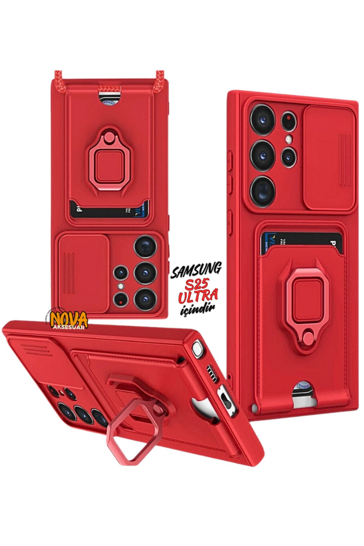 cepmoda SAMSUNG GALAXY S25 ULTRA Boyun Askılı Kılıf | Ring Stand ipli Kamera Sürgülü Kapak - KIRMIZI