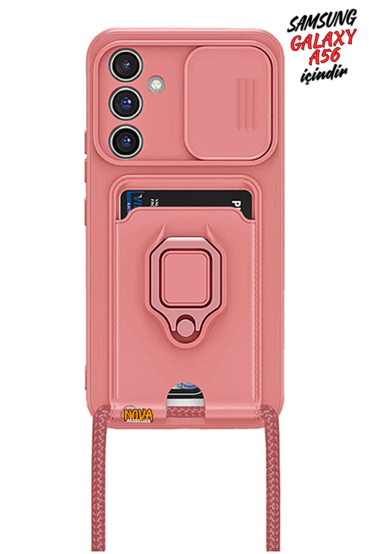 cepmoda SAMSUNG GALAXY A56 Boyun Askılı Kılıf | Ring Stand ipli Kamera Sürgülü Kapak - SOMON